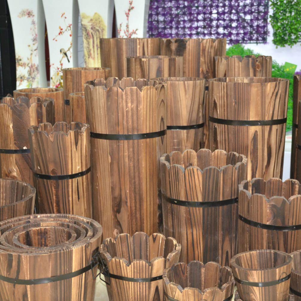 Rustic Wooden Bucket Planter - Half Whisky Barrel Style Indoor/Outdoor Plant Pot with Bamboo Accents | Perfect for Home Decor, Garden, Patio & Farmhouse Style Plants