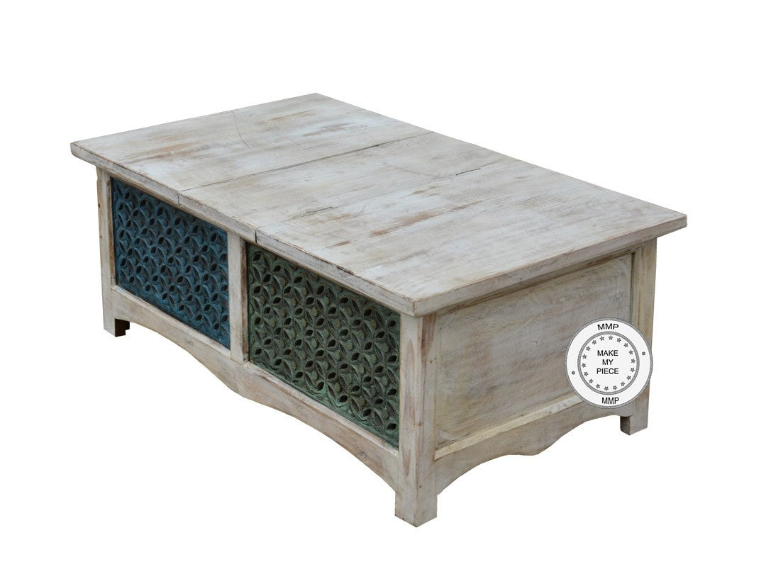 Hand Carved Indian Solid Wood Jali Chest Box with Side Table - Whitewashed Storage for Jewelry, Blankets & Home Decor - Perfect for Bedroom, Living Room & Boho Style Decor