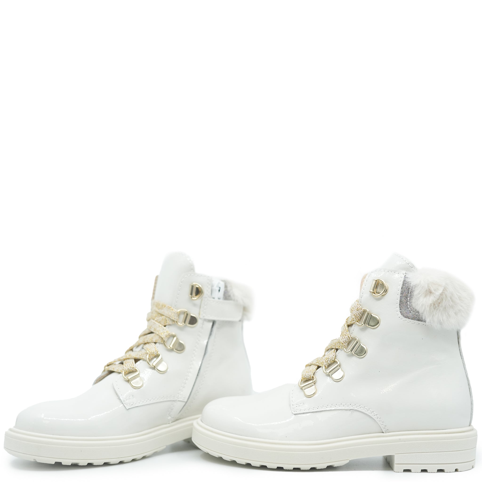 Beberlis Women's Ivory Patent Leather & Faux Fur Winter Booties - Warm Ankle Boots for Casual Outfits & Holiday Parties