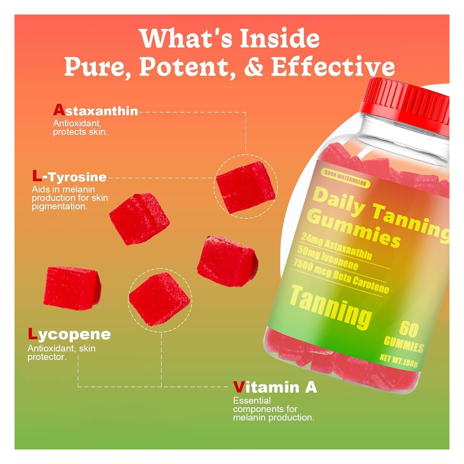 Tanning Gummies for Glowing Skin - Vegan, Non-GMO Supplement with Astaxanthin, Lycopene & Beta Carotene - 60 Count (1 Pack) for Sun-Kissed Complexion & Healthy Skin - Perfect for Beach Days & Summer Prep