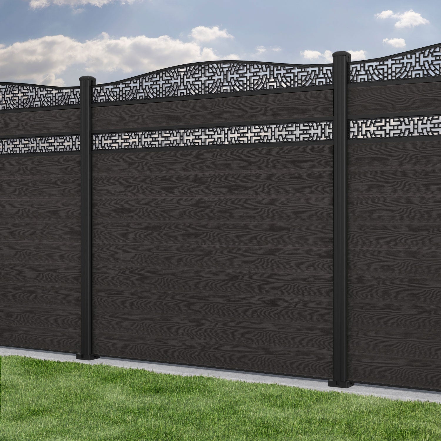 Classic Kumo Curved Top Split Screen Fence Panel - Dark Oak Finish with Aluminum Posts | Privacy Fencing for Backyard, Garden & Patio