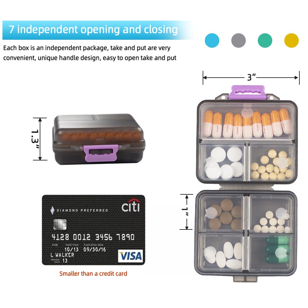 1 Pack Travel Pill Organizer with Labels - Small Portable 7-Day Pill Box, 7 Compartment Medication Case, Food Grade PP Material (Black/Gray) - Perfect for Daily Medicine Storage, Travel & Emergency Kits
