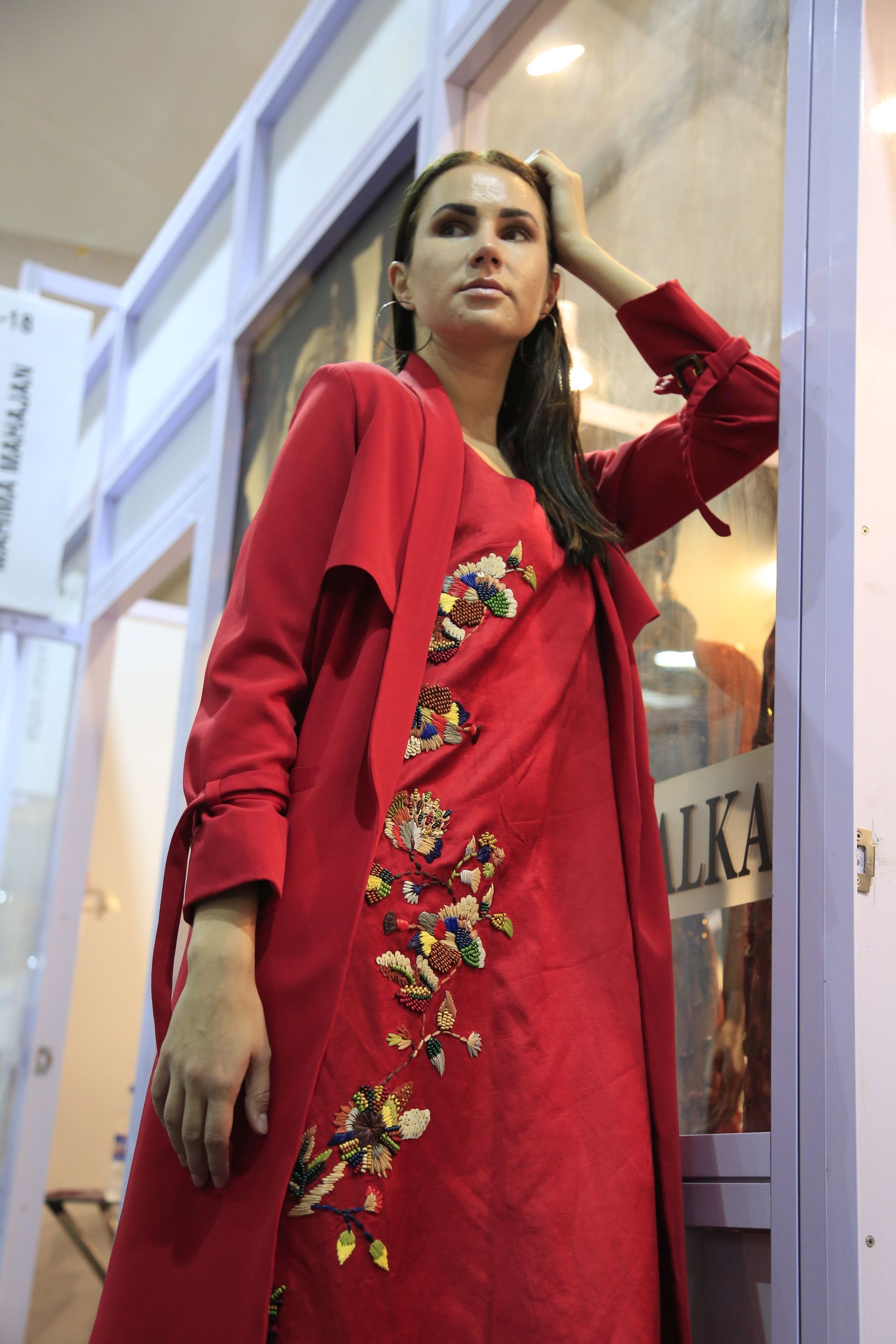 Elegant Red Multicolor Embroidered Dress with Trench Coat Set - Perfect for Weddings, Parties & Special Occasions