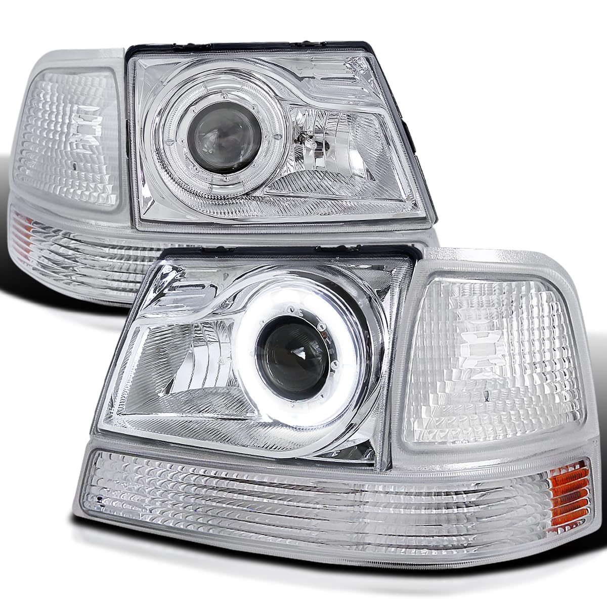 Spec-D Tuning Chrome Halo Ring LED Projector Headlights with Corner Lights - Compatible with 1998-2000 Ford Ranger - Left & Right Headlamp Assembly - Upgrade for Night Driving & Off-Road Adventures
