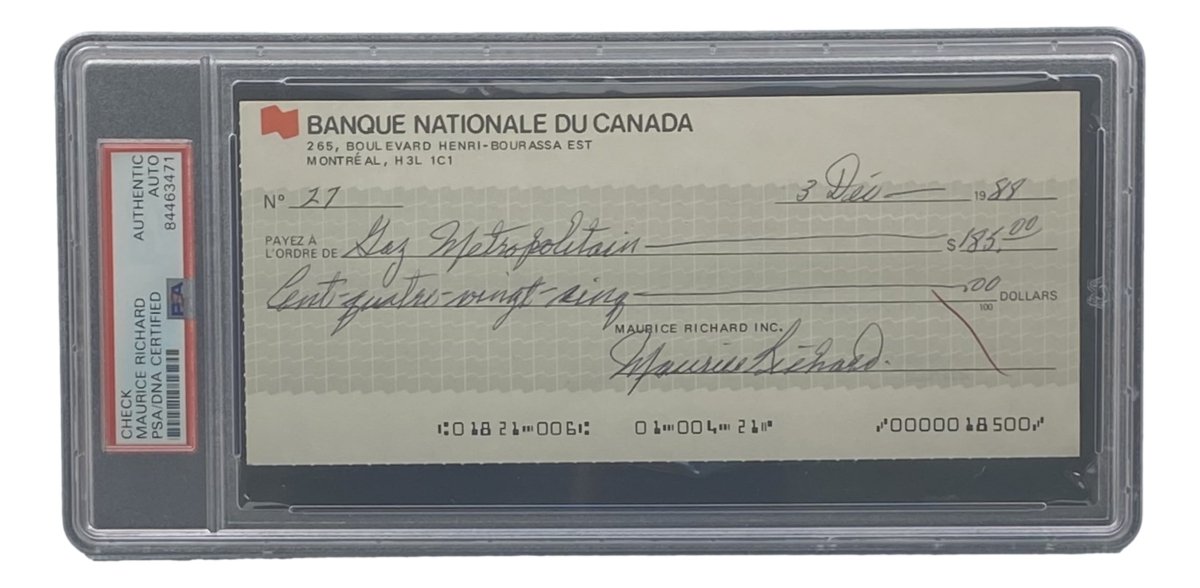 Authentic Maurice Richard Signed Montreal Canadiens Bank Check #27 PSA/DNA Certified - Rare Hockey Memorabilia for Collectors & Sports Fans - Perfect for Display in Man Cave, Sports Bar or Hockey Fan's Collection