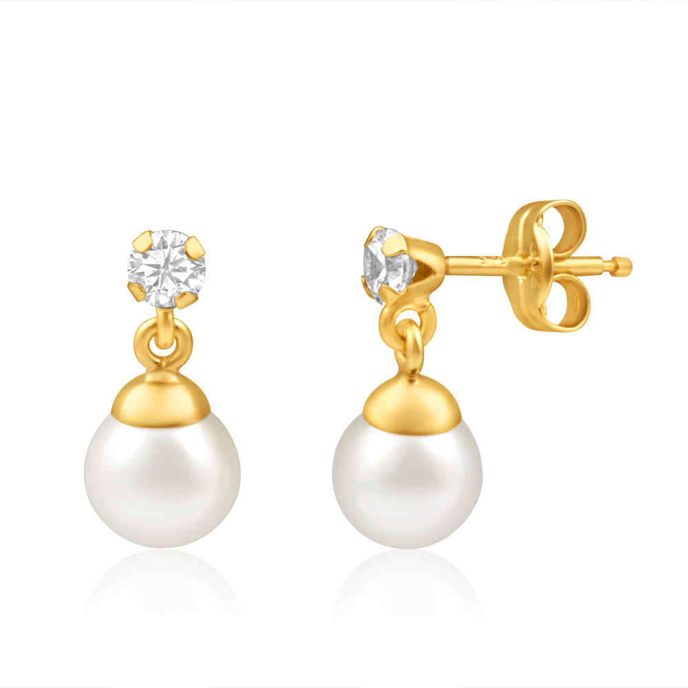 9ct Yellow Gold Cubic Zirconia Pearl Drop Earrings - Elegant Dangling Jewelry for Women, Perfect for Weddings, Parties & Special Occasions