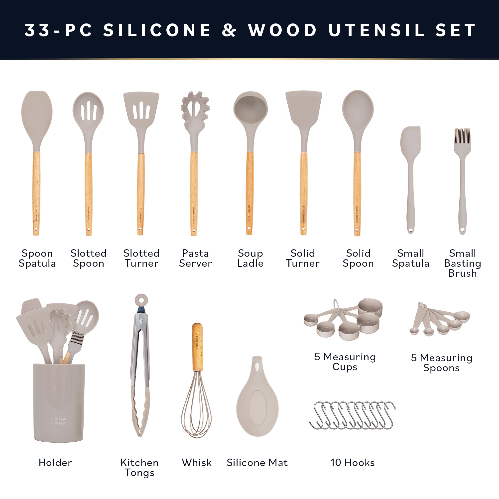 Home Hero 33-Piece Non-Stick Silicone Kitchen Utensil Set with Wooden Handles & Holder - Spatulas, Cooking Tools & Gadgets for Baking, Grilling & Everyday Cooking (Khaki)