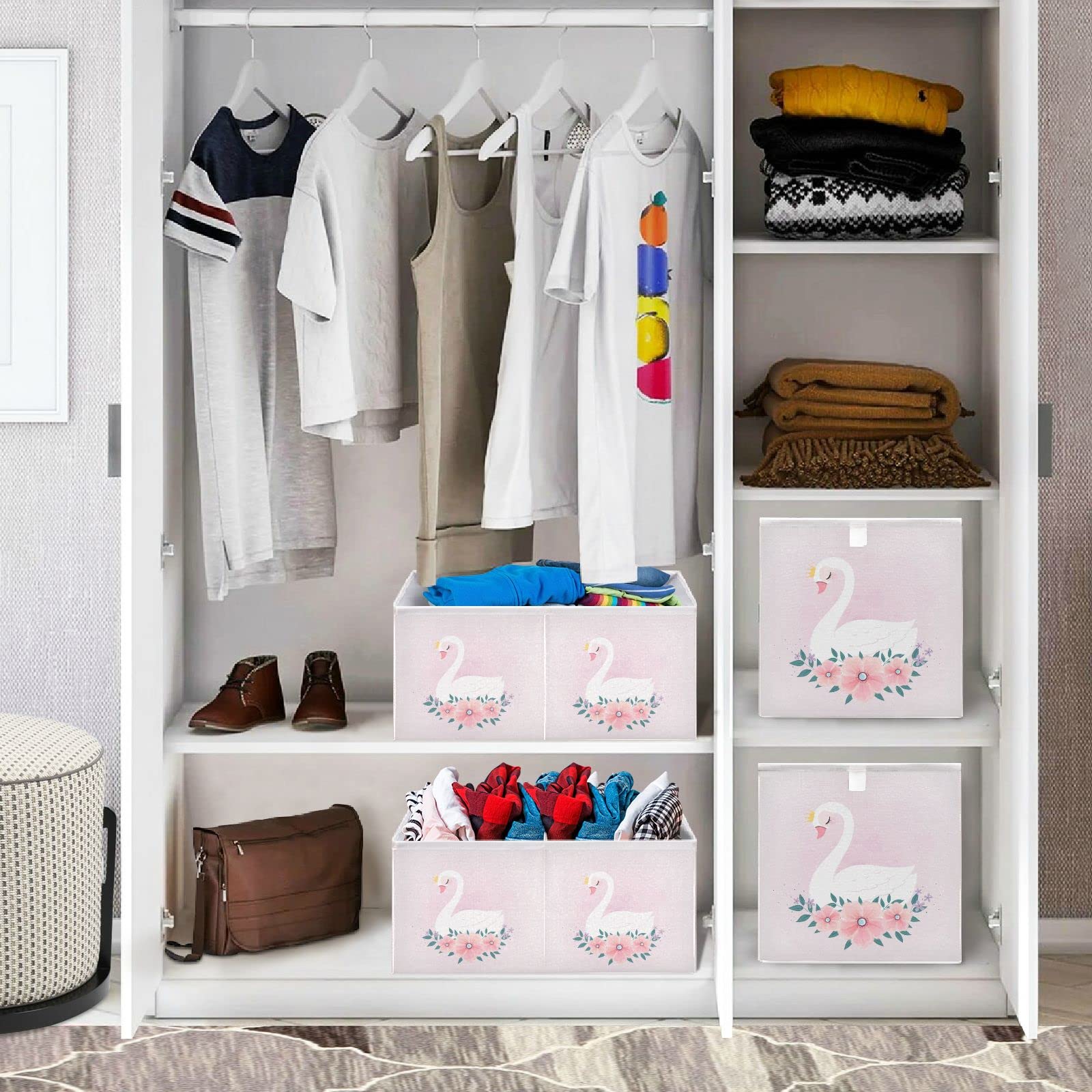 Foldable Collapsible Storage Baskets - 16 x 11 Inch Swan Design Fabric Storage Bins for Shelves, Closet, Pantry, Bathroom & Nursery Organization - Perfect for Toys, Blankets & Home Decor Storage
