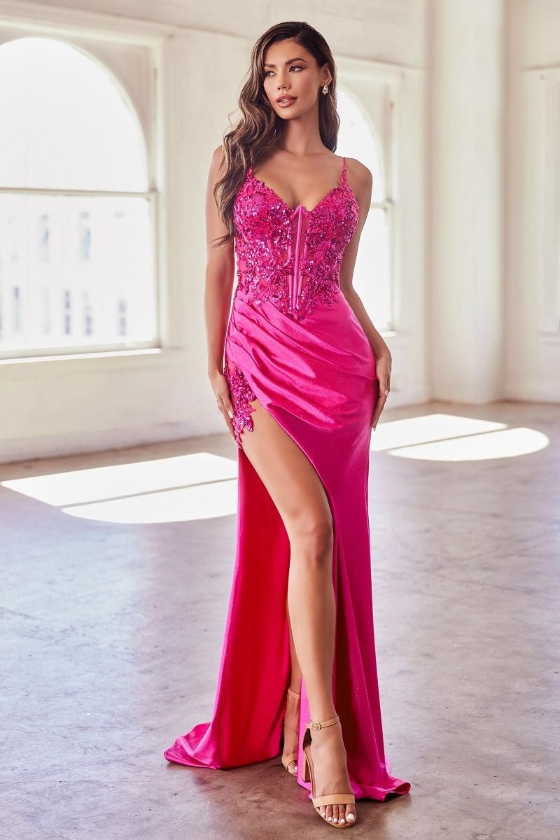 Calliope Fuchsia Stretch Satin Glitter & Lace Fitted Gown - Elegant Formal Dress for Prom, Evening Party & Special Occasions