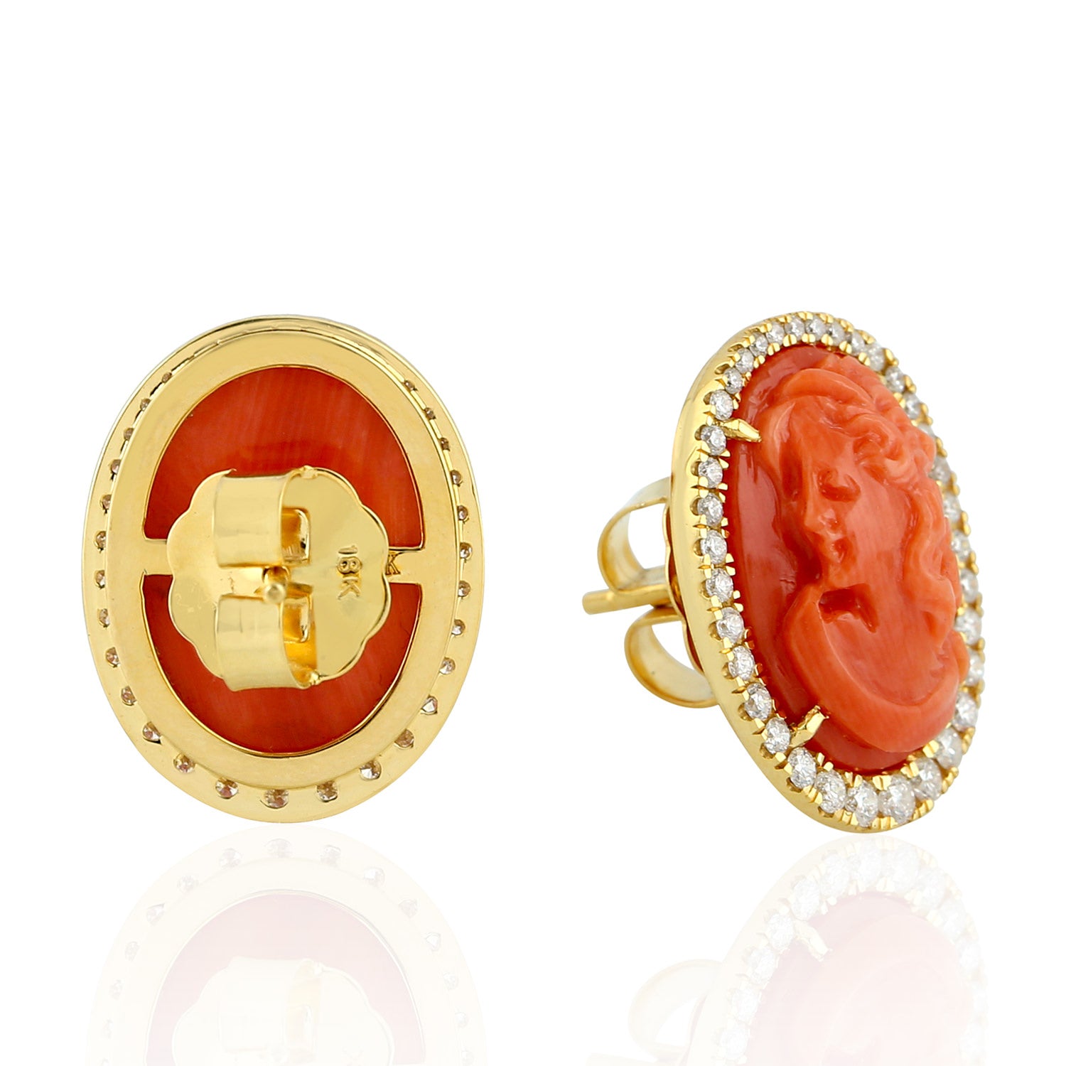 18K Yellow Gold Carved Coral Pave Diamond Earrings for Women - Elegant Jewelry for Parties, Weddings & Special Occasions