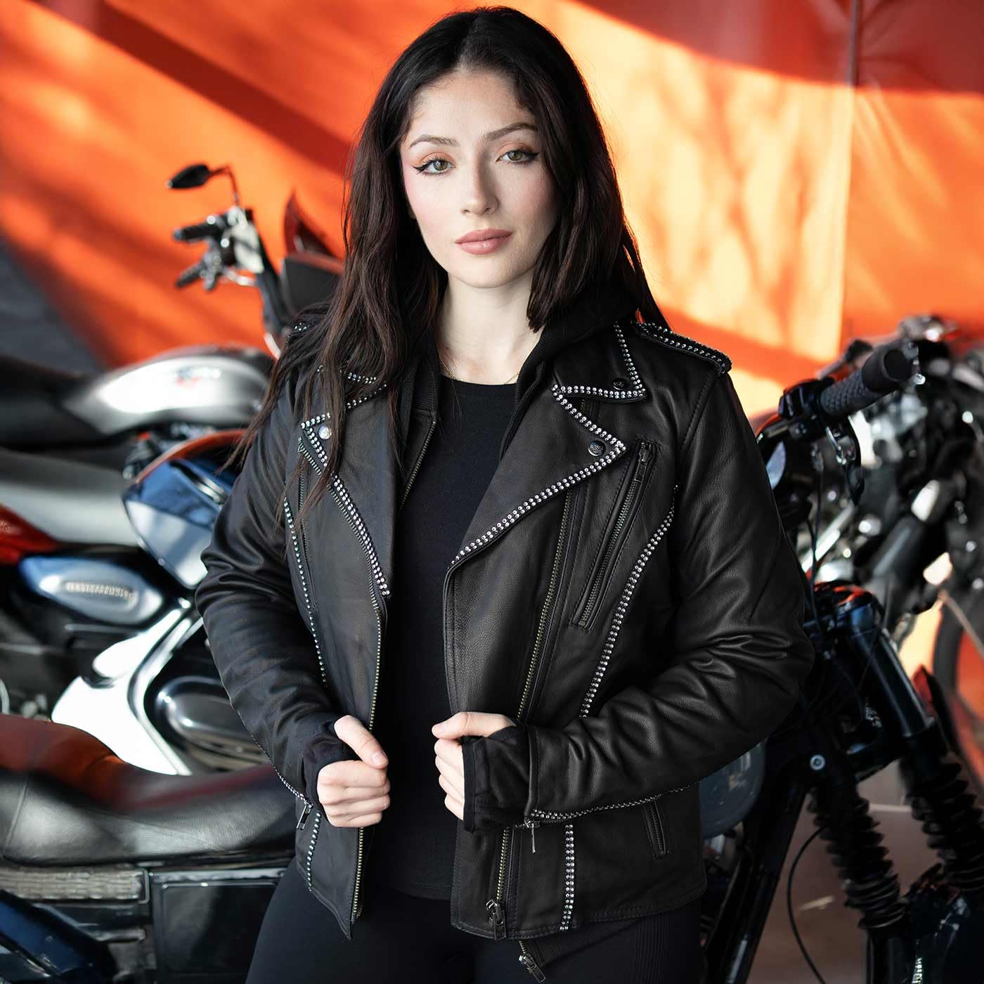 Milwaukee Leather MLL2503 Women's Black Bedazzled Leather Moto Jacket with Hood - Stylish Biker Jacket for Riding & Fashion Outfits