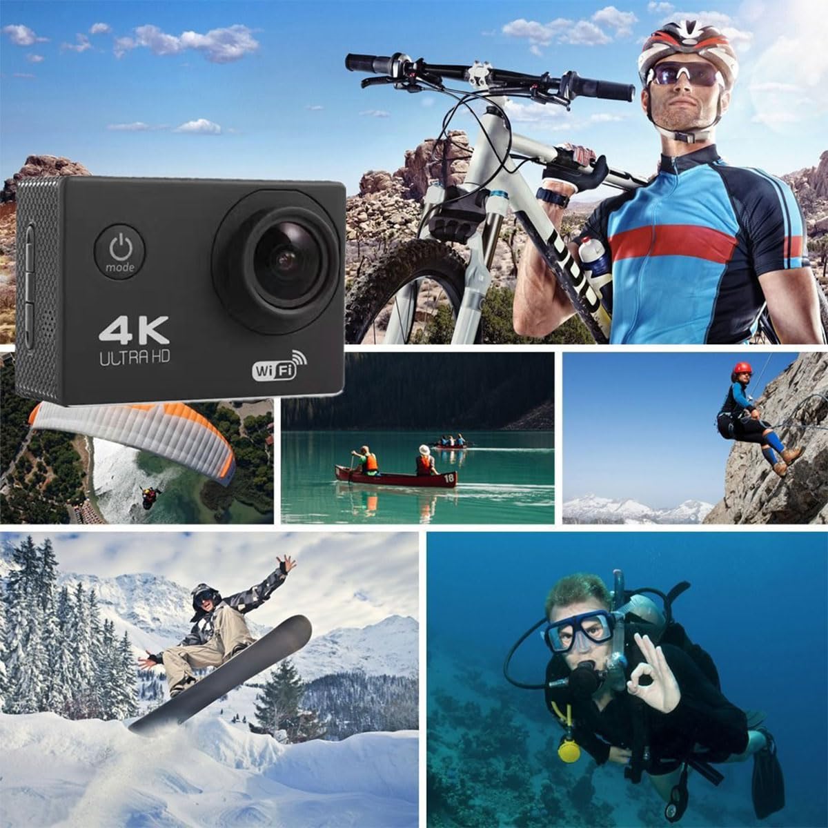 WJPUELUO 4K Action Camera - Waterproof Sports Camera with WiFi & Remote Control, Underwater HD Video for Diving, Surfing, Cycling & Outdoor Adventures - Complete Accessories Kit