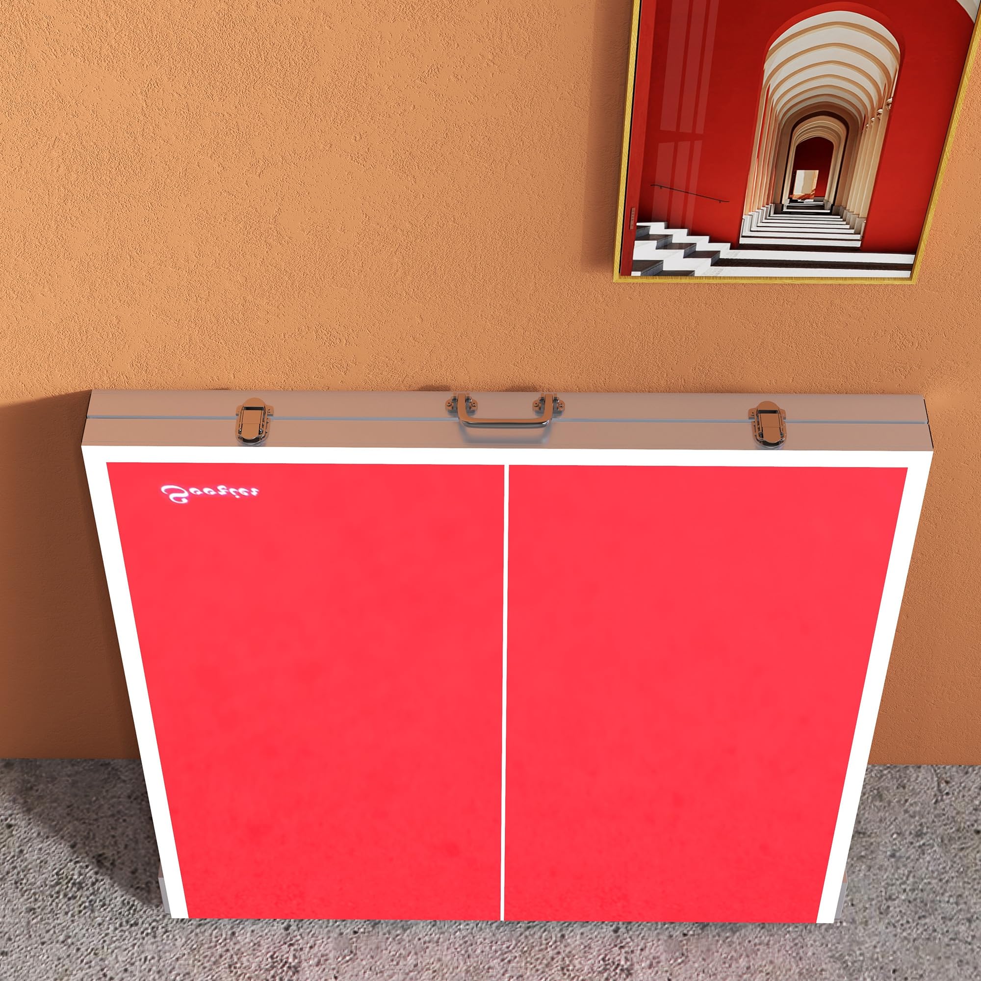 **Soozier Foldable Mini Ping Pong Table Set with Net, 2 Paddles & 3 Balls - Adjustable Feet for Indoor & Outdoor Use - Easy Assembly, Red - Perfect for Family Fun, Parties & Office Breaks**