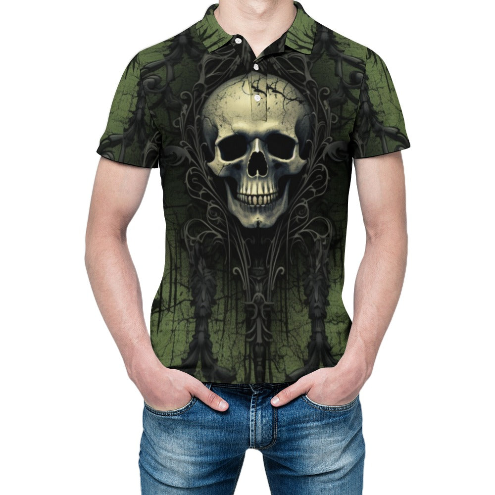 Gothic Green Skull Polo Shirt for Men - Unique Dark Fashion Statement - Perfect for Halloween, Punk Concerts & Alternative Style Outfits