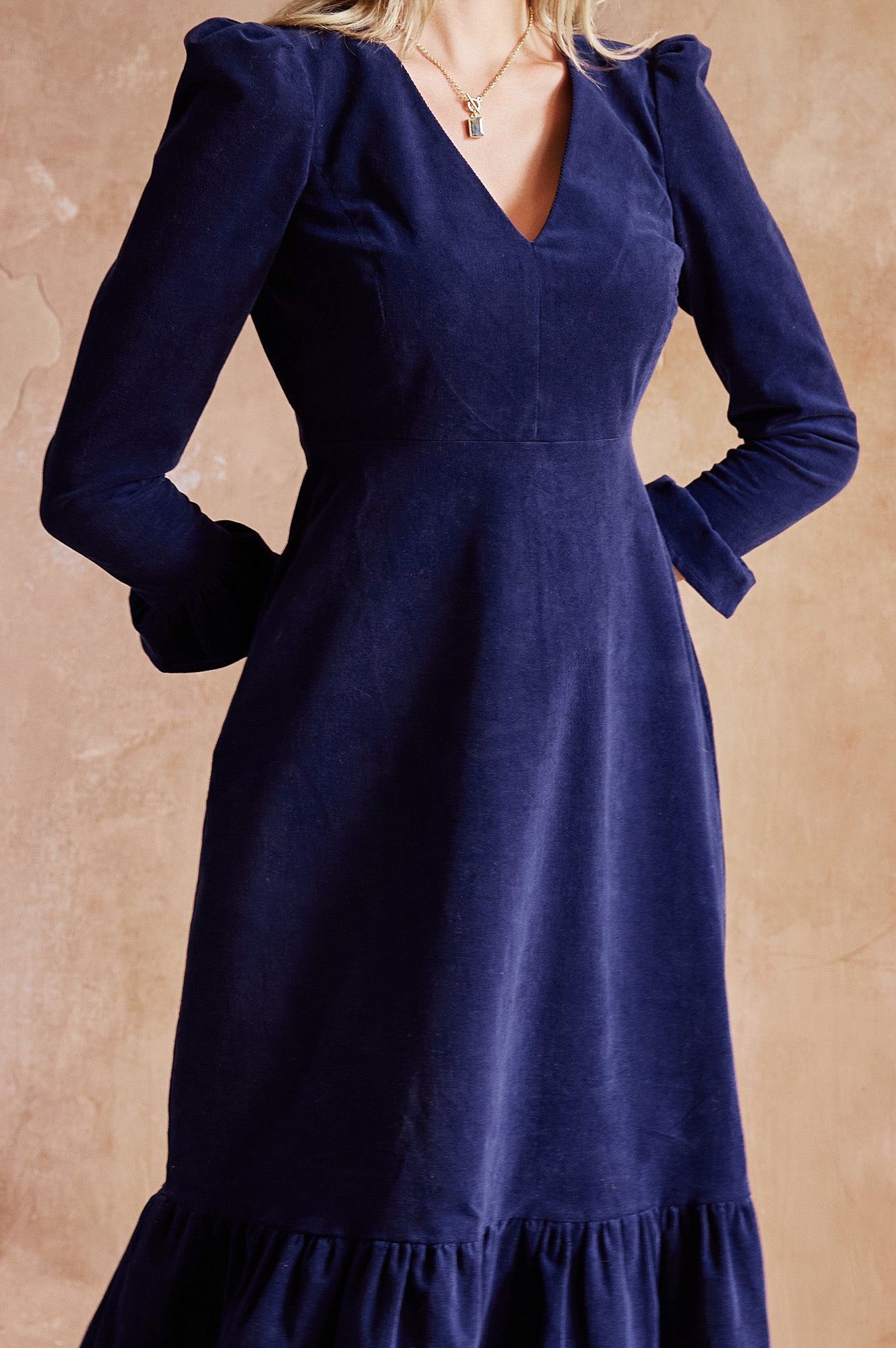 Victoria V Neck Long Sleeve Stretch Corduroy Dress for Women - Atlantic Blue | Comfortable & Stylish Fall Outfit for Work, Date Night & Casual Wear