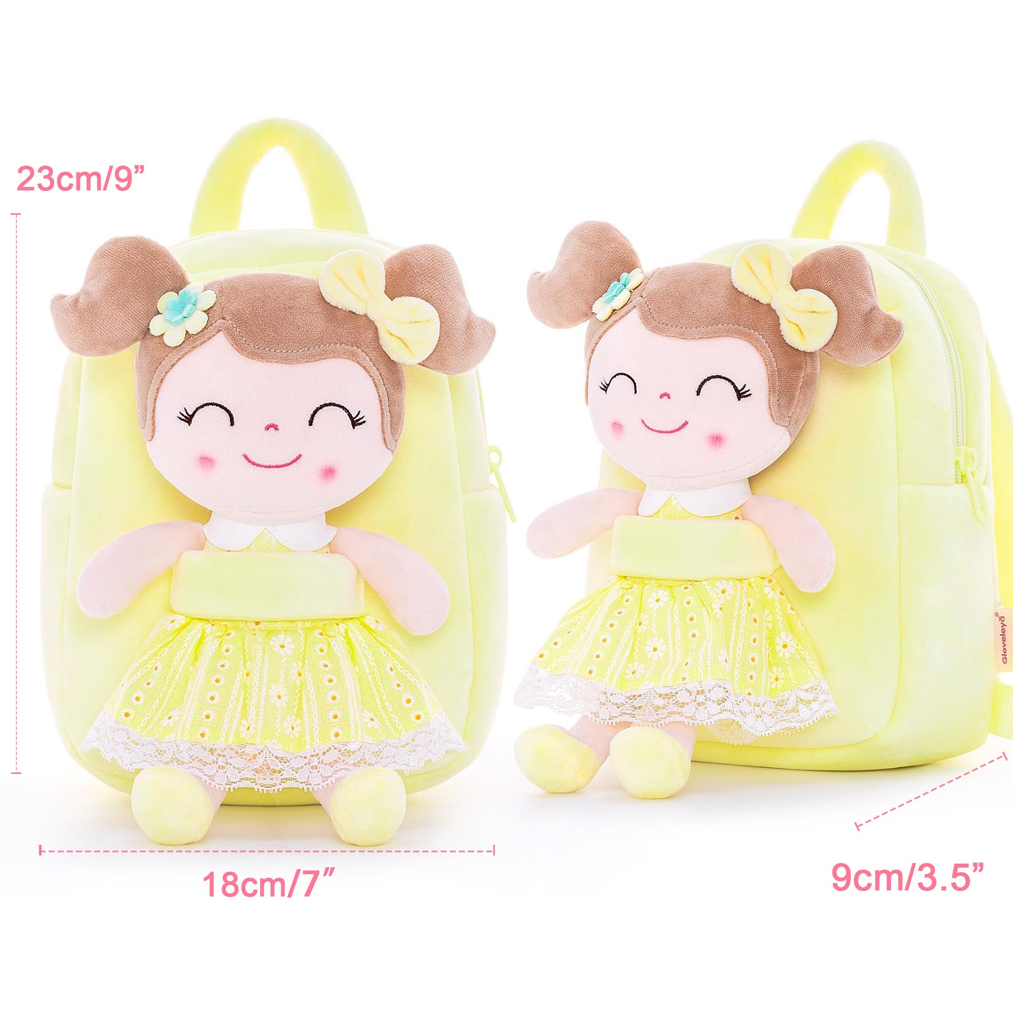 Gloveleya Soft Plush Kids Backpack for Toddler Girls - 9 Inch Cute Spring Doll Toy Backpack (Yellow) - Perfect for Preschool, Daycare & Travel Accessories