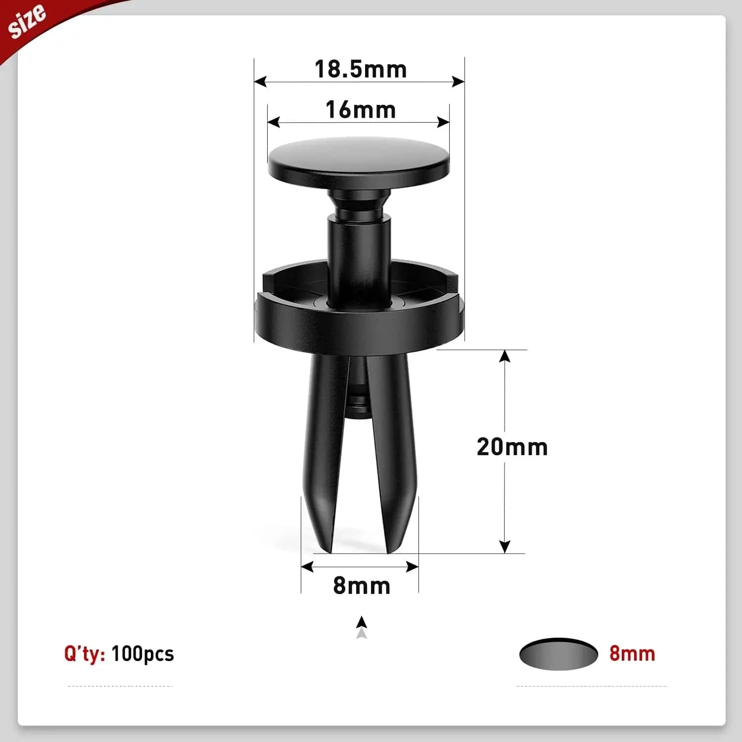 100 Pcs 18.5mm Hole 8mm Push Type Fender Liner Retainer Clips - Compatible with Chrysler 6504521, 04575412AF, Jeep Liberty, Dodge Grand Caravan & Charger - Durable Auto Body Fasteners for DIY Car Repairs & Maintenance