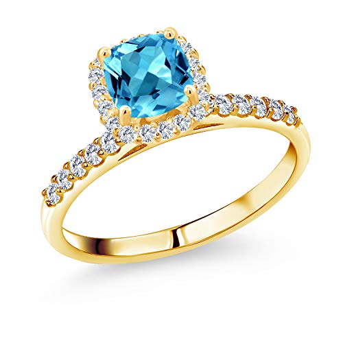 1.78 Ct Swiss Blue Topaz & Lab-Grown Diamond Ring in 10K Yellow Gold | Gem Stone King | Elegant Cushion Cut for Engagement, Wedding & Special Occasions
