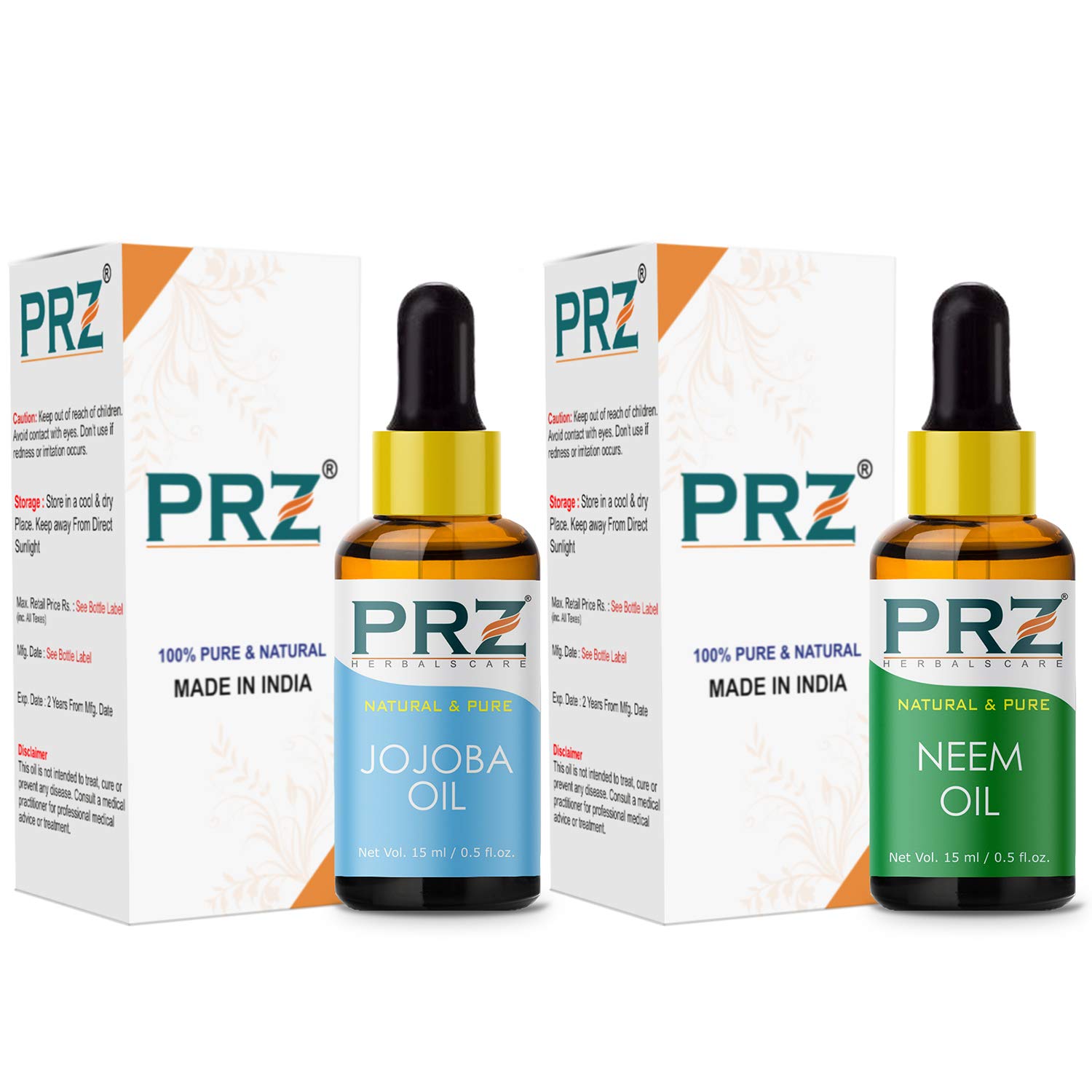 PRZ 100% Pure Cold Pressed Jojoba Oil & Neem Oil Combo - Natural Therapeutic Grade for Aromatherapy, Body Massage, Skin & Hair Care (15ML Each) - Perfect for DIY Beauty Recipes, Scalp Treatment & Relaxation Therapy