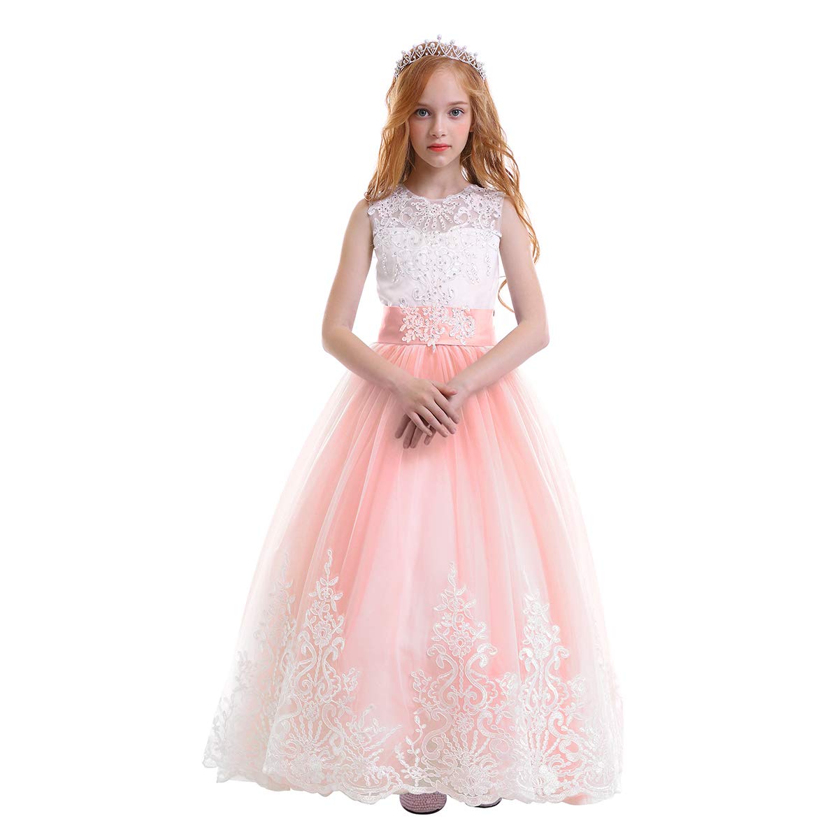 **Elegant Lace Flower Tutu Dress for Girls - Floor Length Wedding, First Communion, Dance, Evening Gown, Junior Bridesmaid, Trailing Maxi Dress - Perfect for Special Occasions & Formal Events**