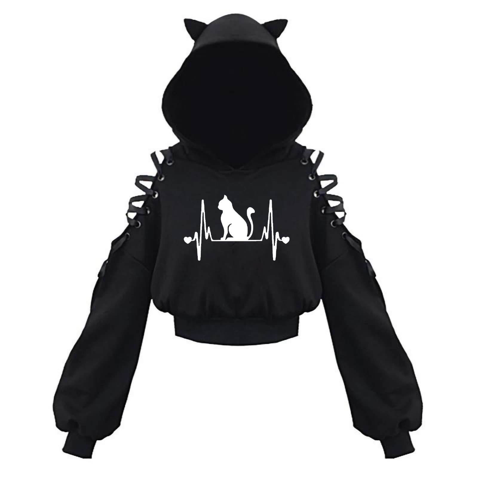 YaYiYa Women's Gothic Hooded Sweatshirt - Cute Ears Design Long Sleeve Blouse for Fall & Winter | Cozy Casual Wear, Halloween Costume, Gothic Fashion Outfit
