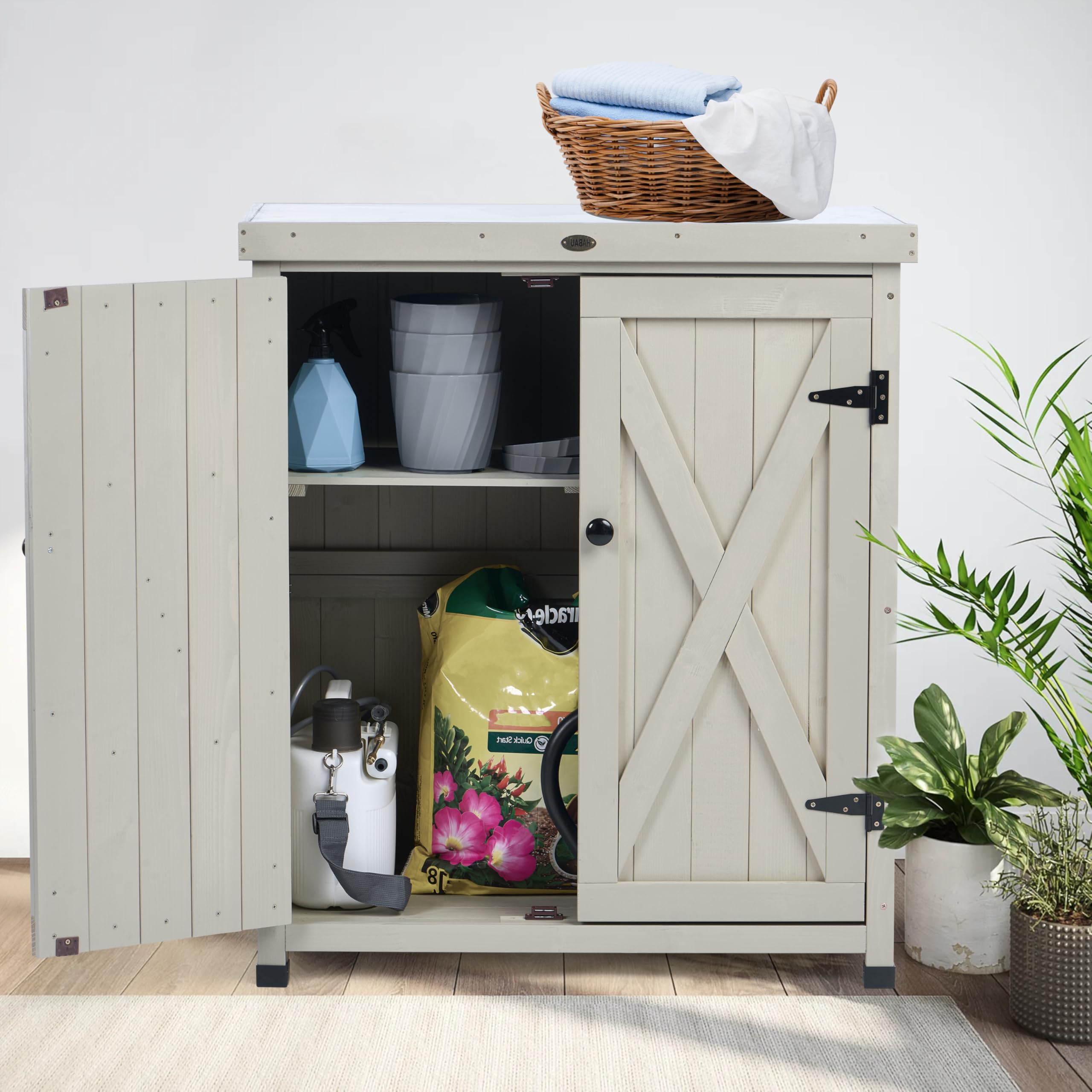 Weatherproof Outdoor Storage Cabinet with Shelves & Metal Tabletop - Durable Patio, Garden Workbench & Wooden Potting Table Workstation for Gardening, DIY Projects & Backyard Organization