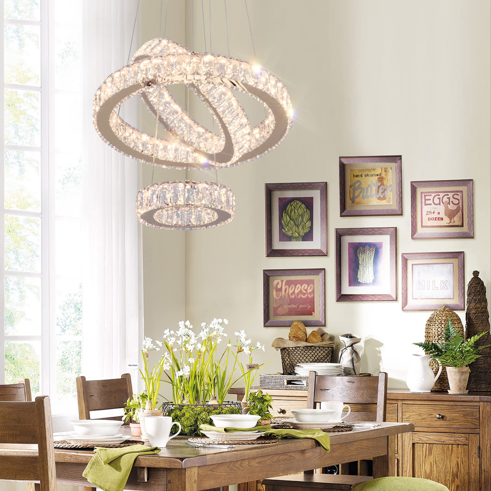 FRIXCHUR 3 Ring LED Chandelier - Modern Crystal Pendant Light Fixture with Gold Finish, 3000K Warm White Lighting for Bedroom, Dining Room, High Ceiling Foyer - Perfect for Romantic Dinners & Luxury Home Decor