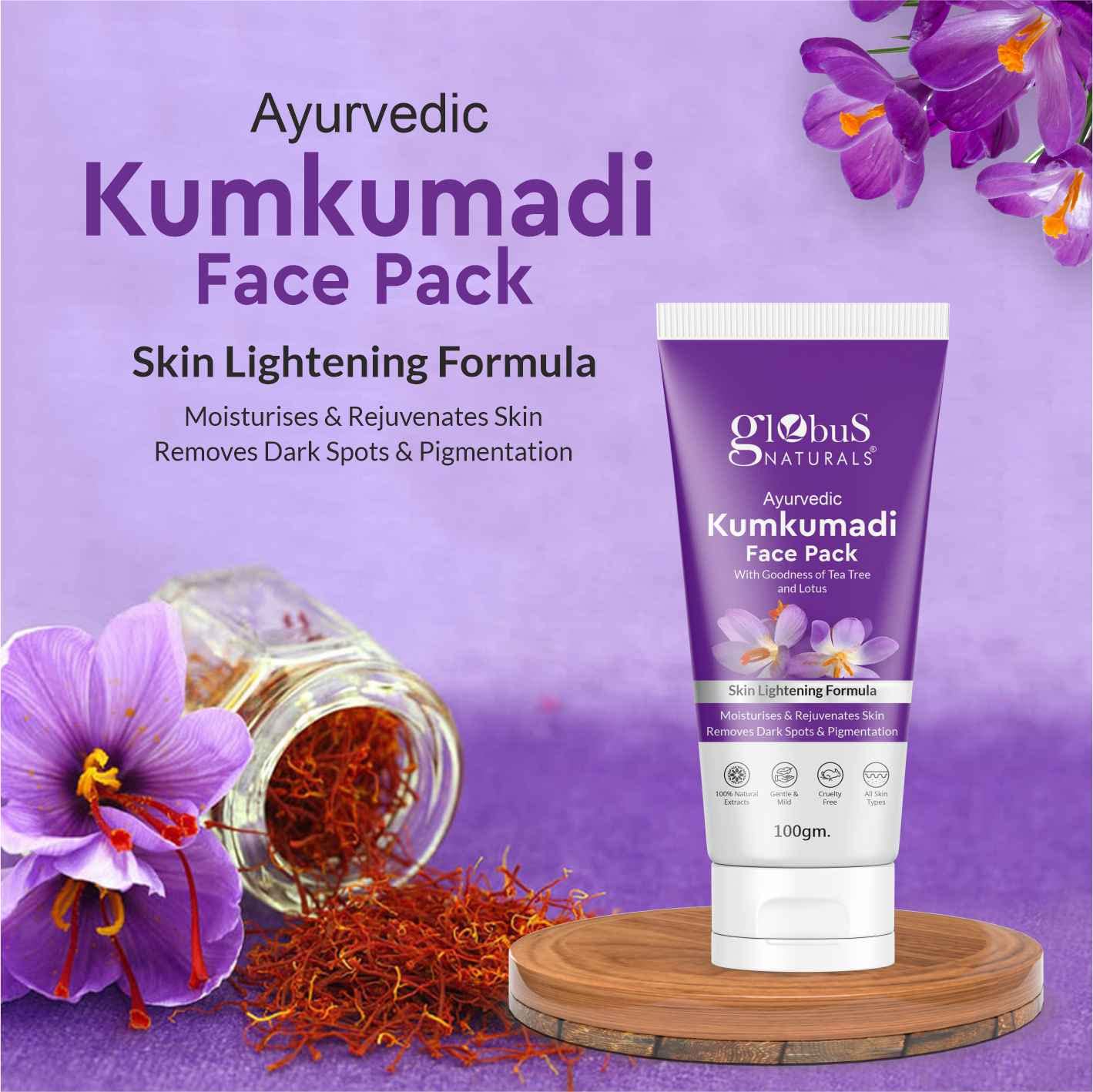 **Globus Naturals Kumkumadi Skin Lightening Face Care Combo Set - 4 Products (Face Wash, Scrub, Cream & Pack) for Brightening & Glowing Skin - Perfect for Daily Skincare Routine & Special Occasion Prep**