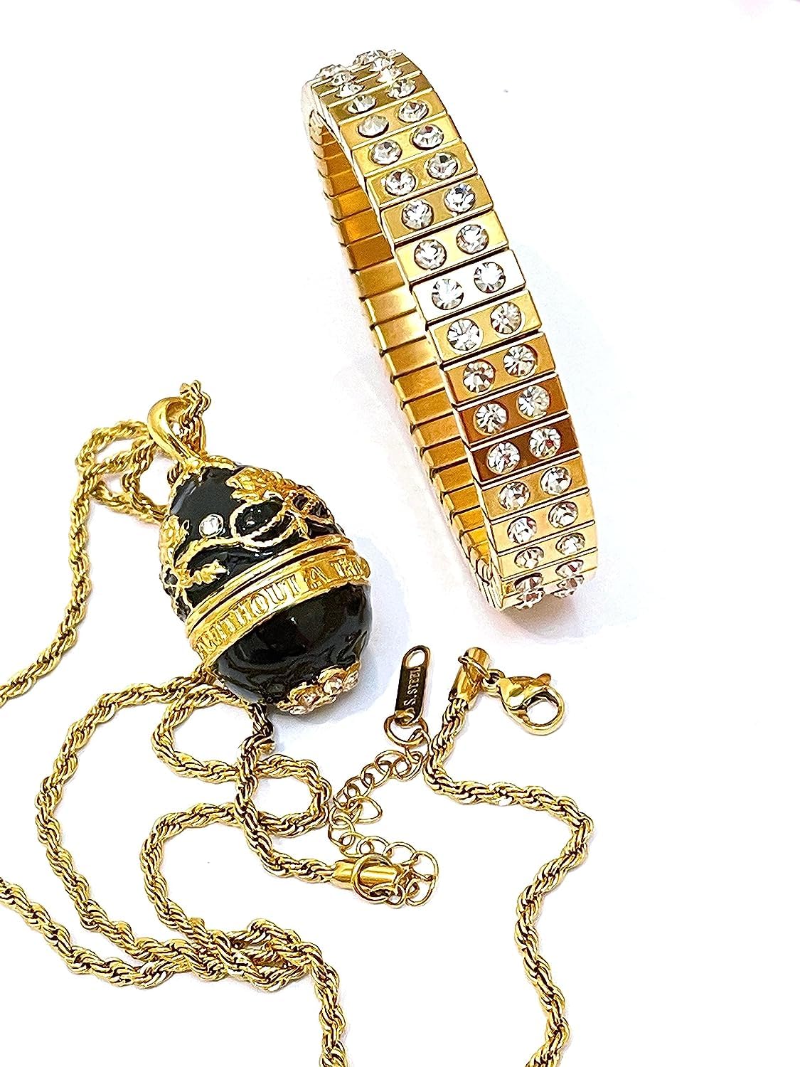 Handmade Designer Black Russian Easter Egg Necklace - 14K Gold Plated Jewelry Set with 114 Austrian Crystal Diamonds - Elegant Evening Bracelet & Formal Necklace for Women - Perfect Valentine's Day, Birthday Gift for Her - Ideal for Weddings, Parties & Special Occasions