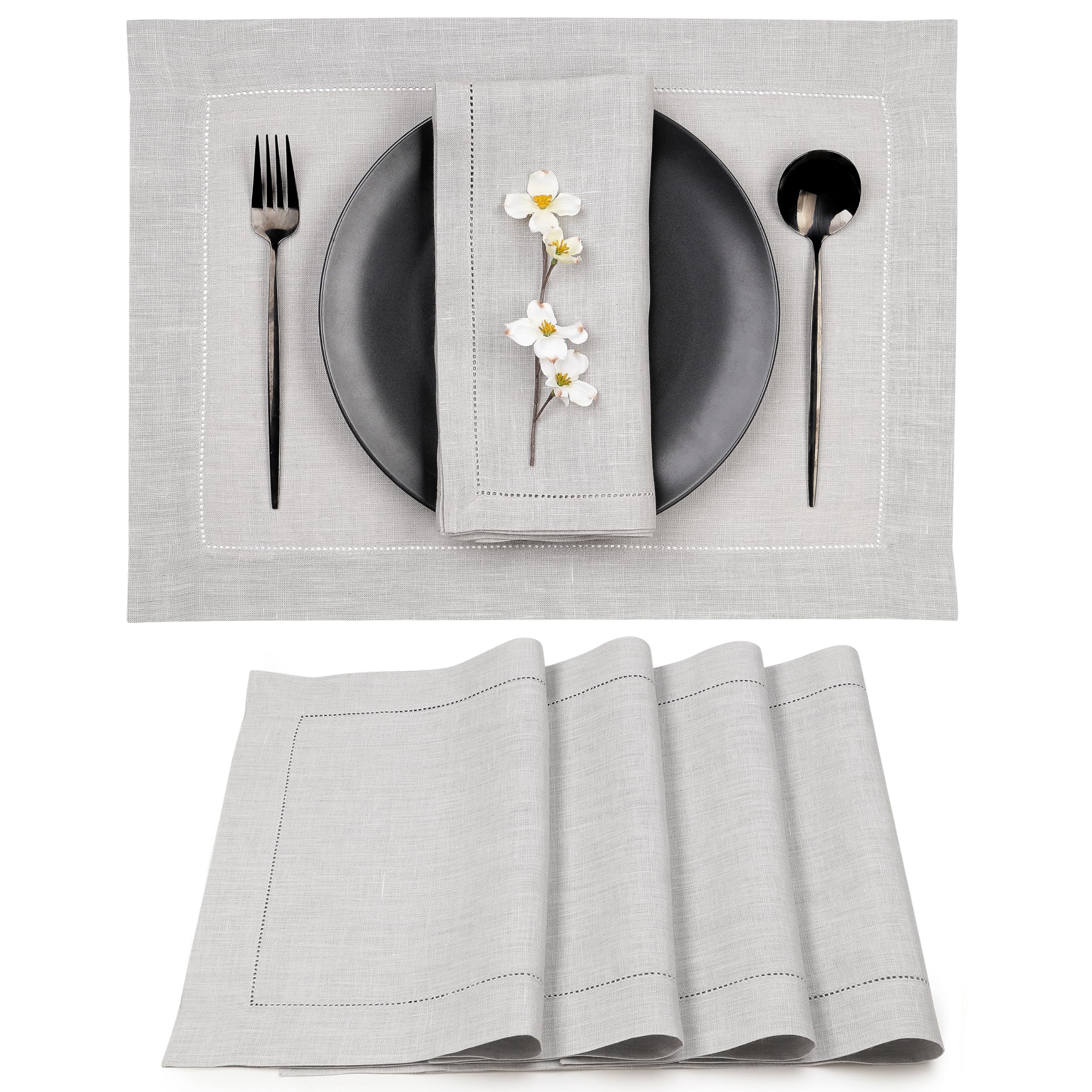 D'Moksha Homes 100% Pure Linen Placemats Set of 4 - Silver Grey 14