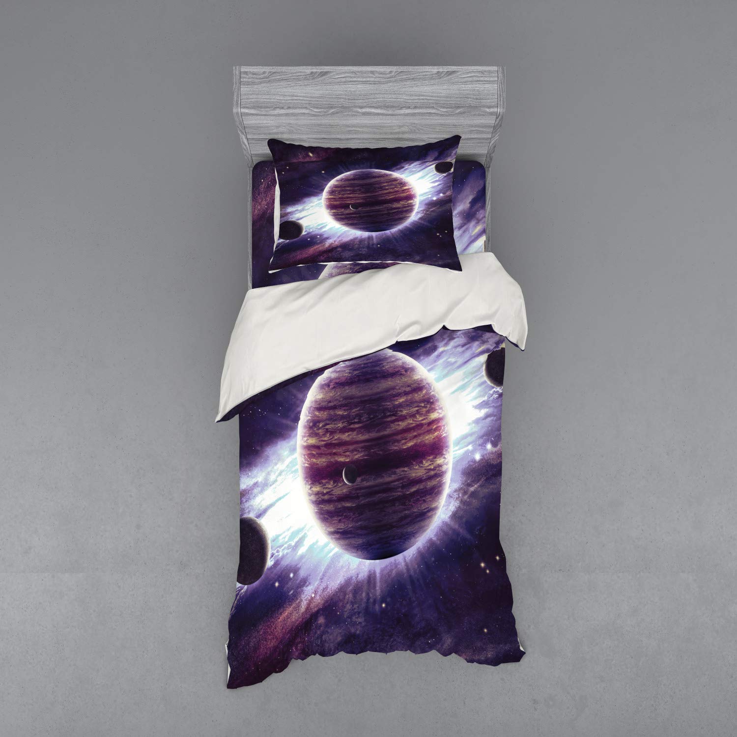 Ambesonne Galaxy Bedding Set - 3 Piece Duvet Cover Set with Sham & Fitted Sheet, Twin Size, Outer Space Theme with Planets Saturn Mars Neptune, Science Fiction Solar System Art Print, Mauve Purple - Perfect for Kids Room, Teen Bedroom & Space Themed Decor
