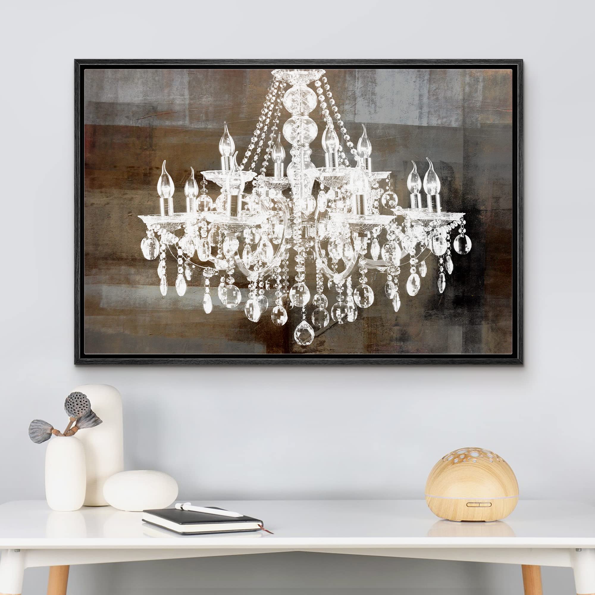 Wall26 Framed Canvas Print - White Chandelier Silhouette on Abstract Background, Modern Digital Art Wall Decor for Living Room, Bedroom, Office (16x24 Inches, Black Frame) | Perfect for Home Decor, Wedding Gifts & Relaxing Spaces