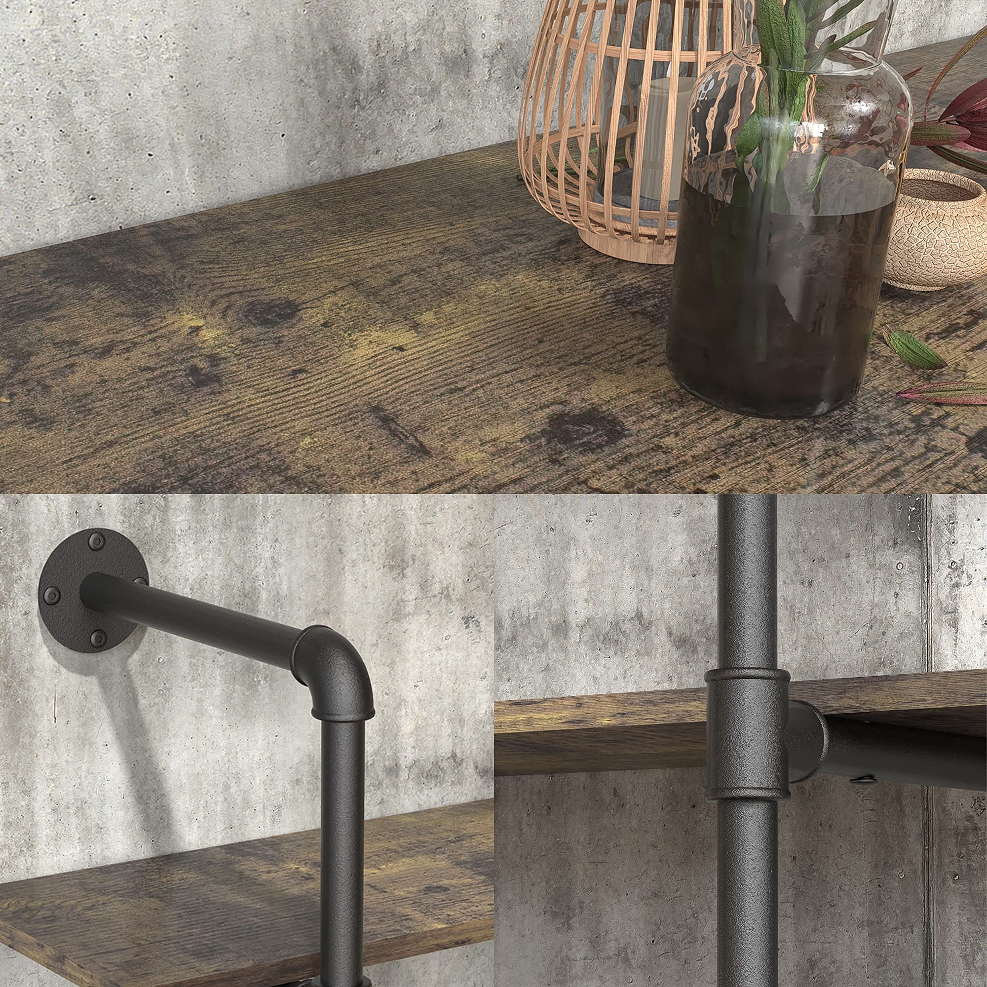 Gezen Industrial Pipe Shelving - 4 Tier Metal Floating Shelves & Rustic Wood Ladder Bookshelf - Wall Mounted Storage Shelf for Living Room, Kitchen, Bathroom - Perfect for Home Organization & Displaying Decor