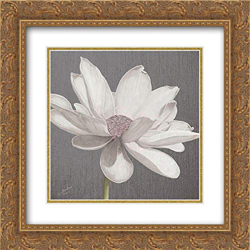 15x15 Gold Ornate Framed Double Matted Vintage Lotus Art Print - Museum Quality Wall Decor for Living Room, Bedroom & Office | Grey Background Floral Painting | Home & Office Decoration
