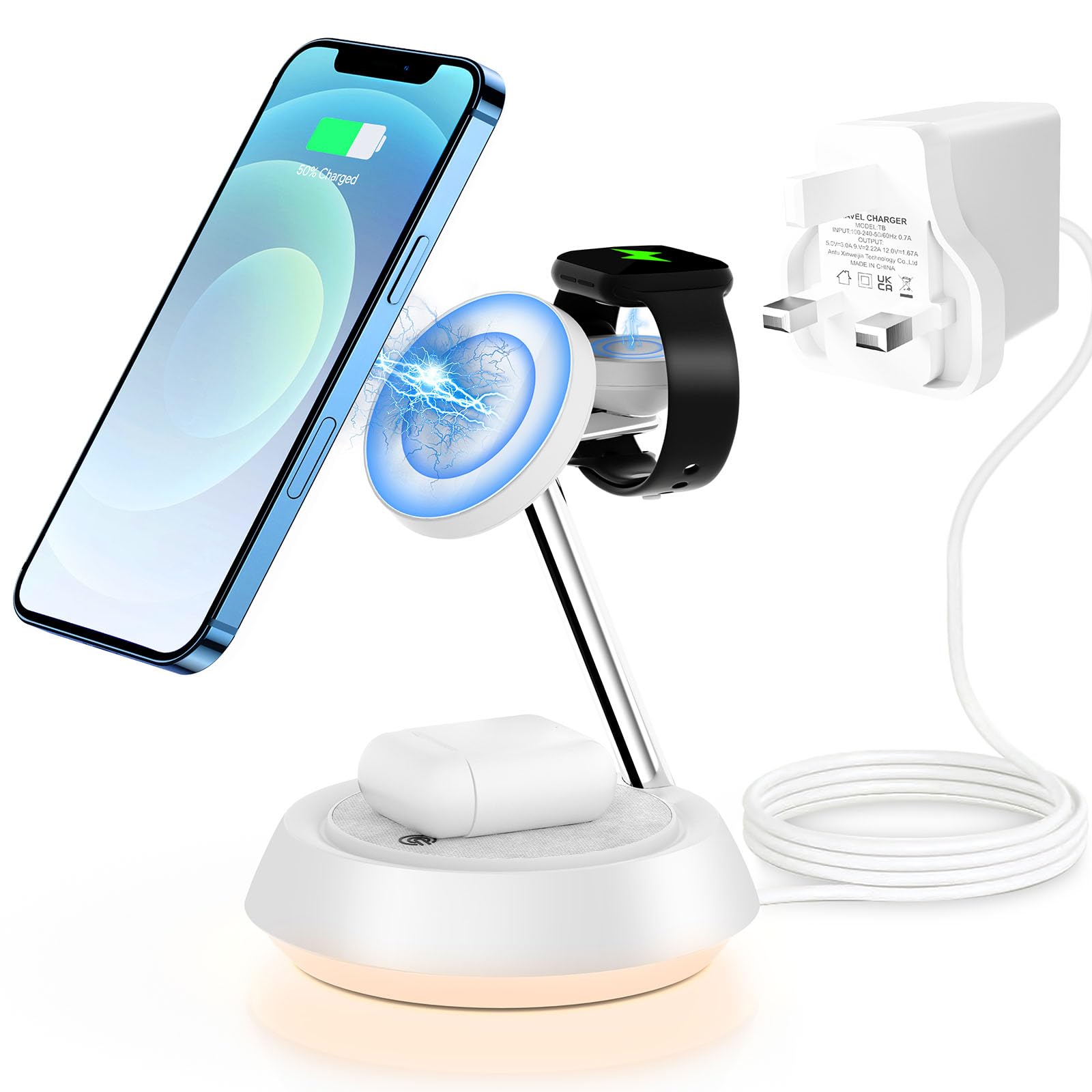 3-in-1 Wireless Charging Station for iPhone 15/14/13/12 Pro Max/Mini/Plus, Apple Watch & AirPods - 15W Fast MagSafe Charger Stand with Night Light (White) | Perfect for Bedside, Office & Travel Charging
