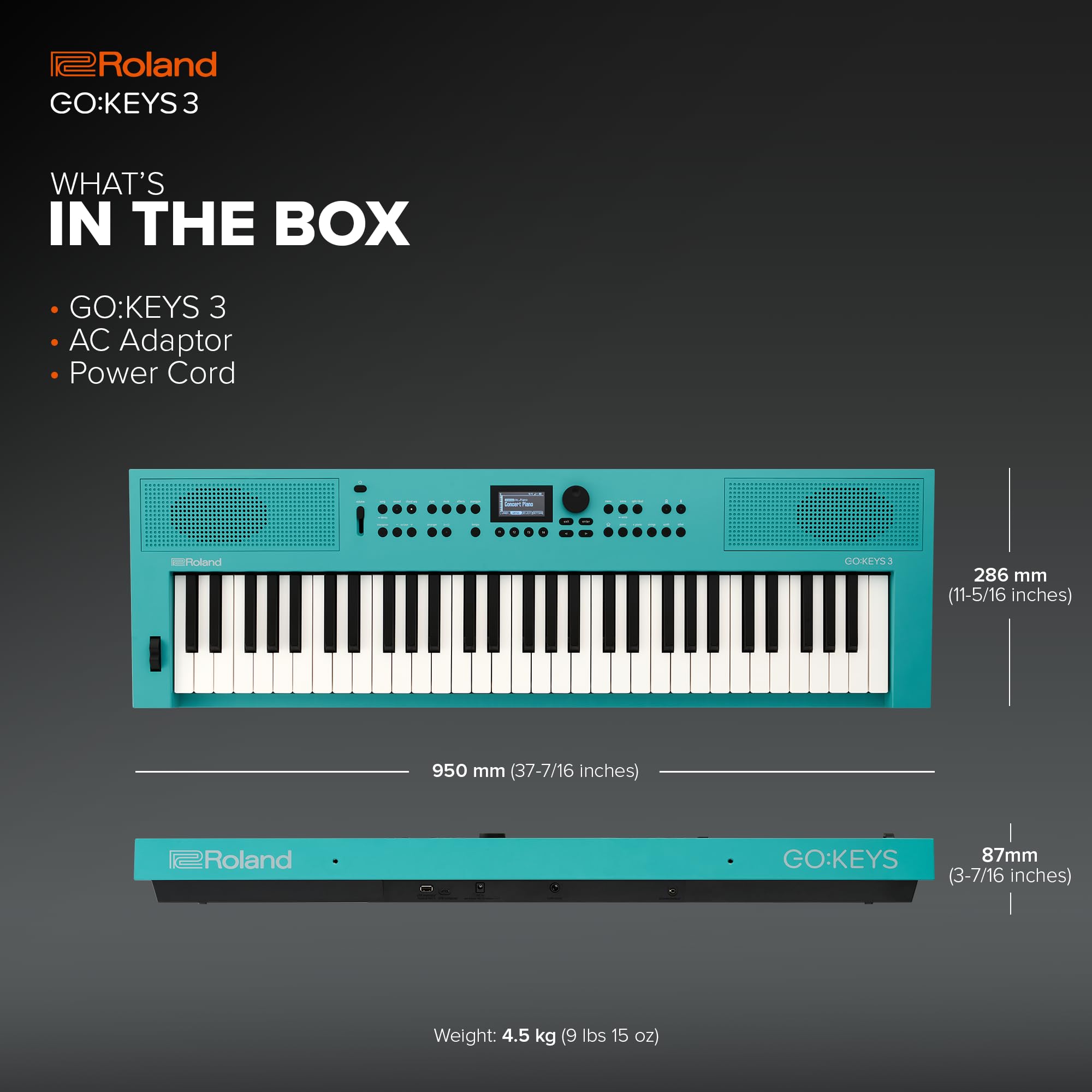 Roland GO:KEYS 3 61-Key Portable Music Keyboard with Built-In Speakers | Bluetooth MIDI & Audio Streaming | Lightweight for Home, Studio & Live Performance - Turquoise