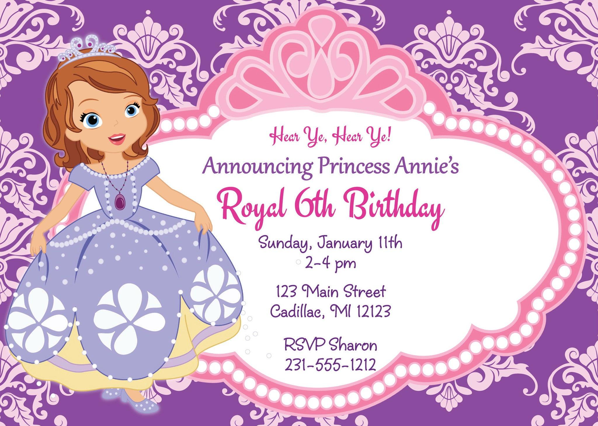 Personalized Princess Sofia Birthday Party Invitations - Custom Kids Birthday Invites for Princess Themed Celebrations & Special Events