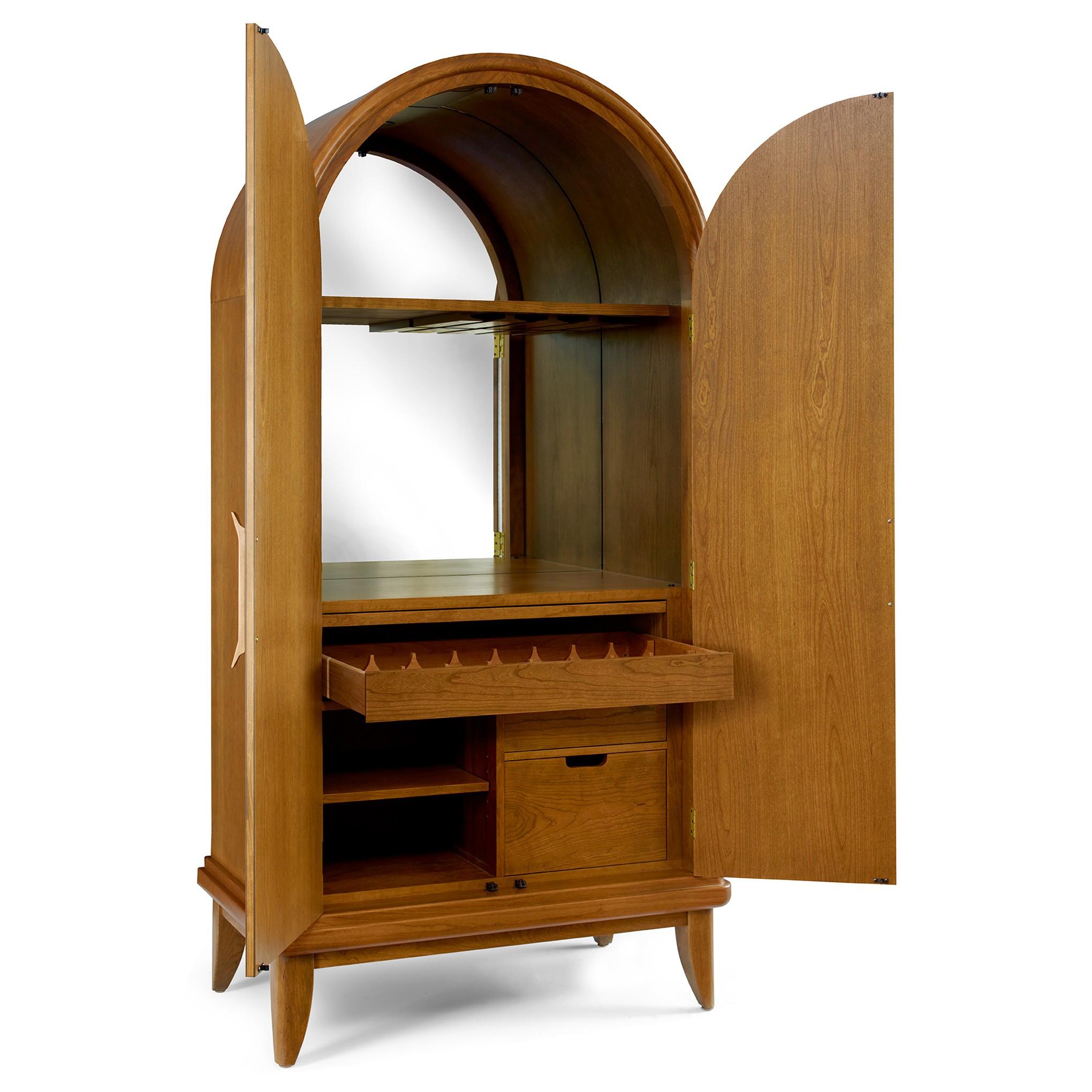 Martine Arched Bar Cabinet - Modern Wooden Liquor Storage with Glass Doors & LED Lighting - Perfect for Home Bar, Dining Room, or Living Room Decor