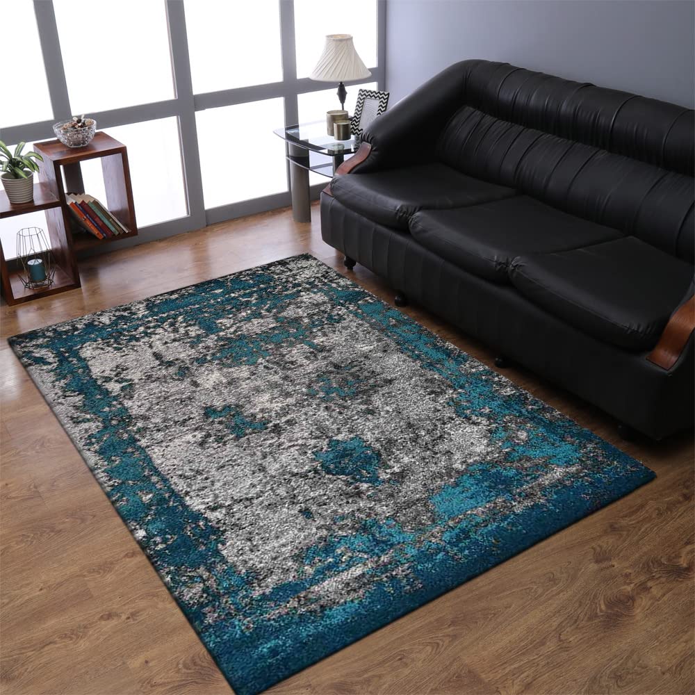 Heatset Polypropylene Machine-Made Area Rug - 9'x12' Rectangle, Ivory & Blue Abstract Modern Design, Medium Pile - Perfect for Living Room, Bedroom or Office Decor (MX0019)