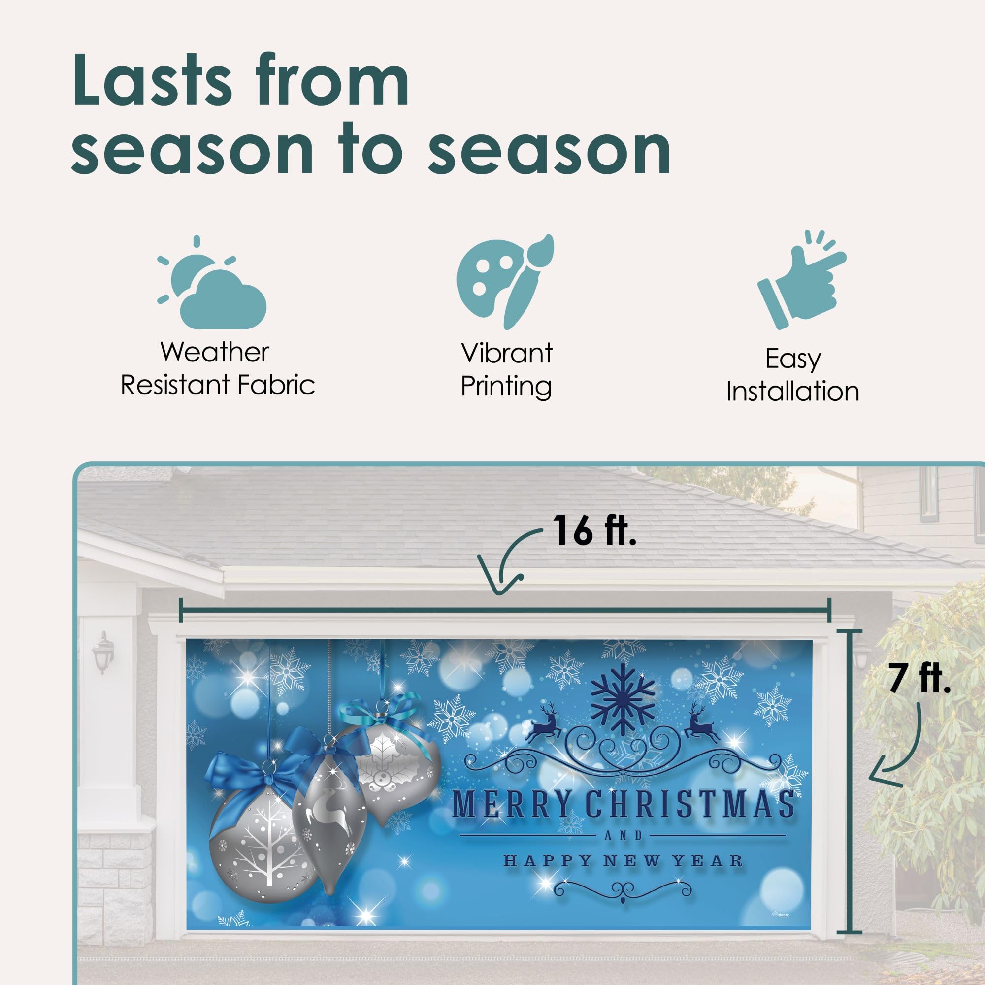7' x 16' Blue and Gray Merry Christmas Happy New Year Outdoor Double Car Garage Door Banner - Perfect for Holiday Home Decor, Christmas Party Backdrop & Festive Neighborhood Decoration