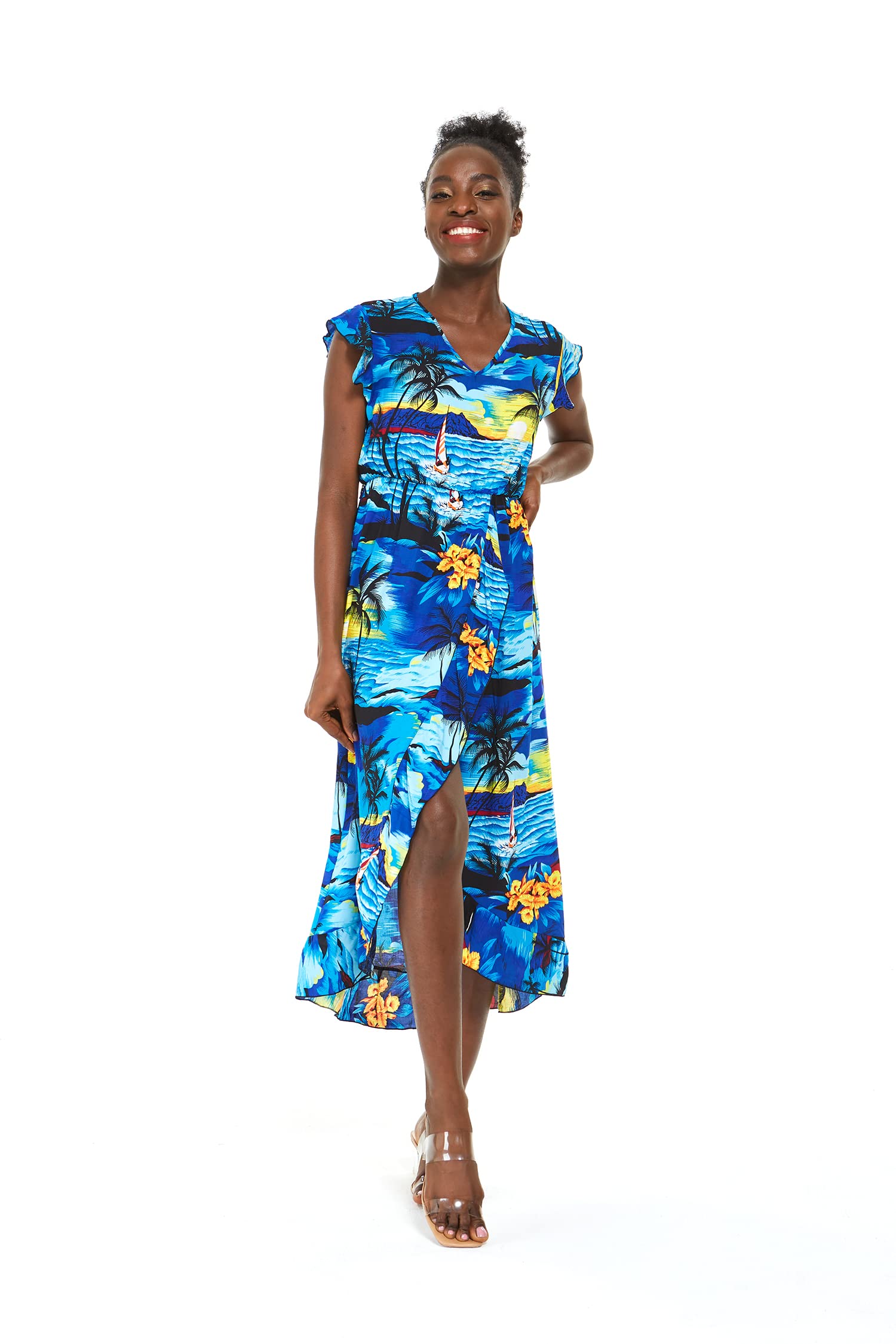 Hawaiian Luau Wrap Ruffle Dress for Women - Floral Hibiscus Vine Print - Perfect for Beach Parties, Summer Vacations & Tropical Getaways