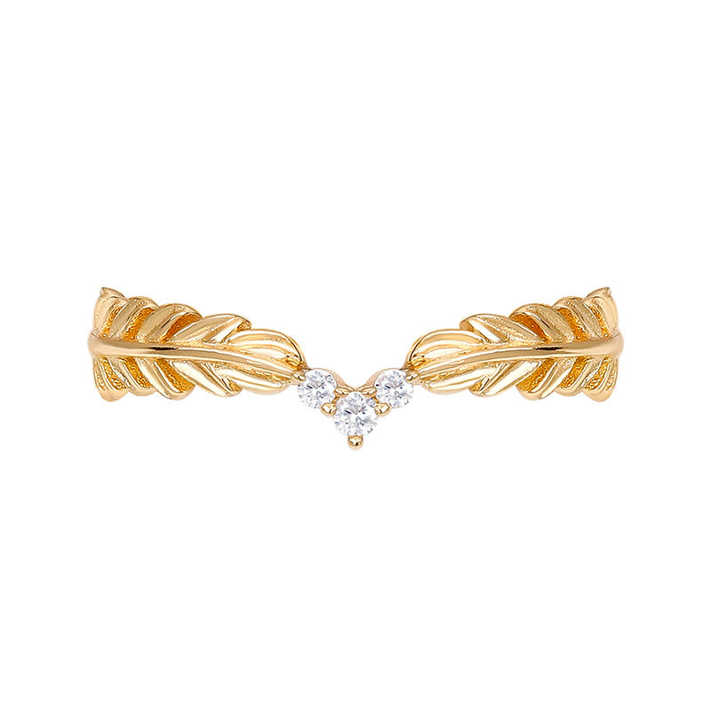 Dainty Gold Zircon Feather Leaf Ring for Women - Elegant 14K Gold Plated Leaf Design Ring with Cubic Zirconia Stones - Perfect for Weddings, Parties & Everyday Wear | TB572