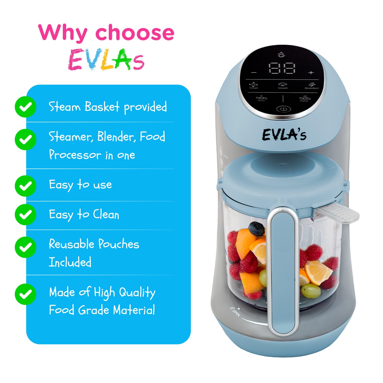 EVLA'S Baby Food Maker & Steamer Blender - 6-in-1 Baby Food Processor for Healthy Homemade Purees | Touch Screen Control with 6 Reusable Food Pouches | Perfect Baby Shower Gift & Registry Essential (Blue) | Ideal for Making Organic Baby Food at Home, Travel & Daycare Meals