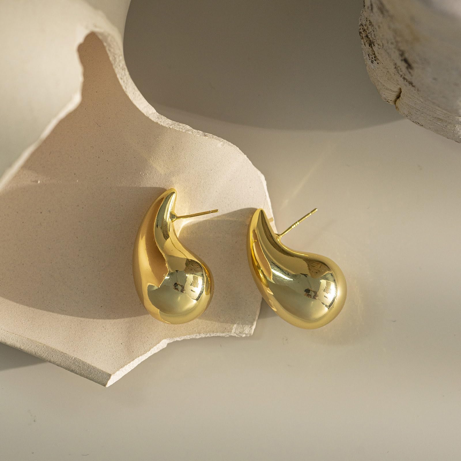 Fissen 32mm Lightweight Gold Teardrop Earrings for Women - Hypoallergenic 925 Sterling Silver Chunky Hoop Earrings | Elegant Everyday Jewelry, Perfect for Office, Date Night & Special Occasions