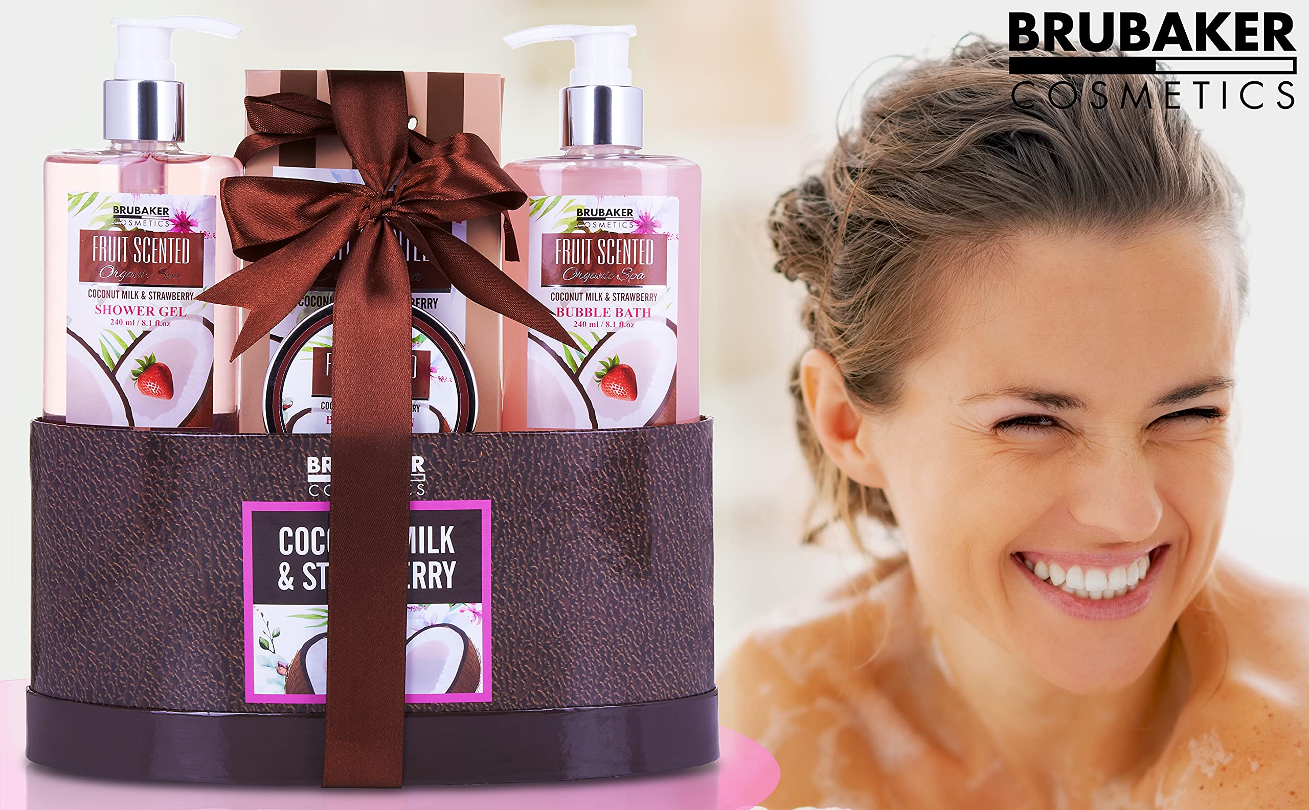 BRUBAKER Coconut Milk & Strawberry Scented Bath & Body Gift Set - 5 Piece Home Spa Basket with Body Lotion, Bath Bombs & More - Perfect for Relaxation, Self-Care Gifts & Pampering Sessions