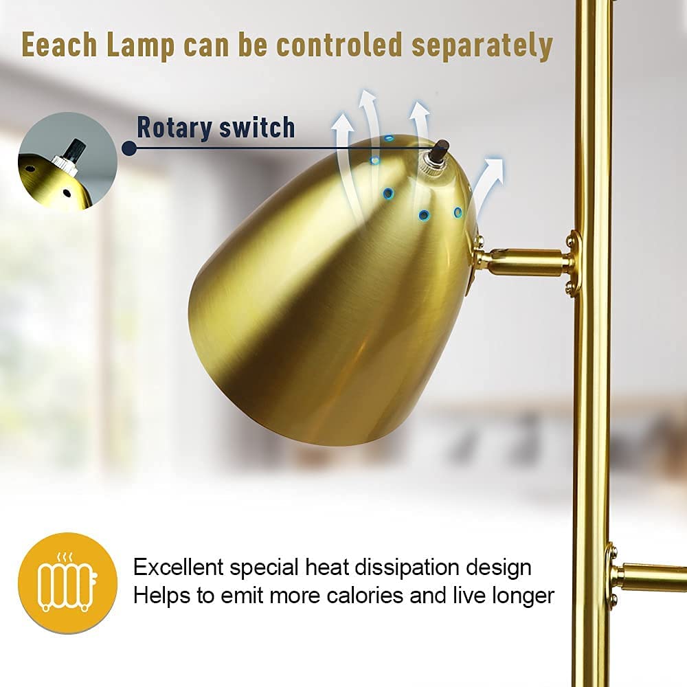 Modern Standing Lamp - Adjustable LED Floor Light for Living Room, Bedroom, Office & Study | Tall Torchiere Tree Design with 3 Lights | Gold Metal Pole Stand (Includes 3x9W LED Bulbs) | Perfect for Reading, Working & Ambient Lighting