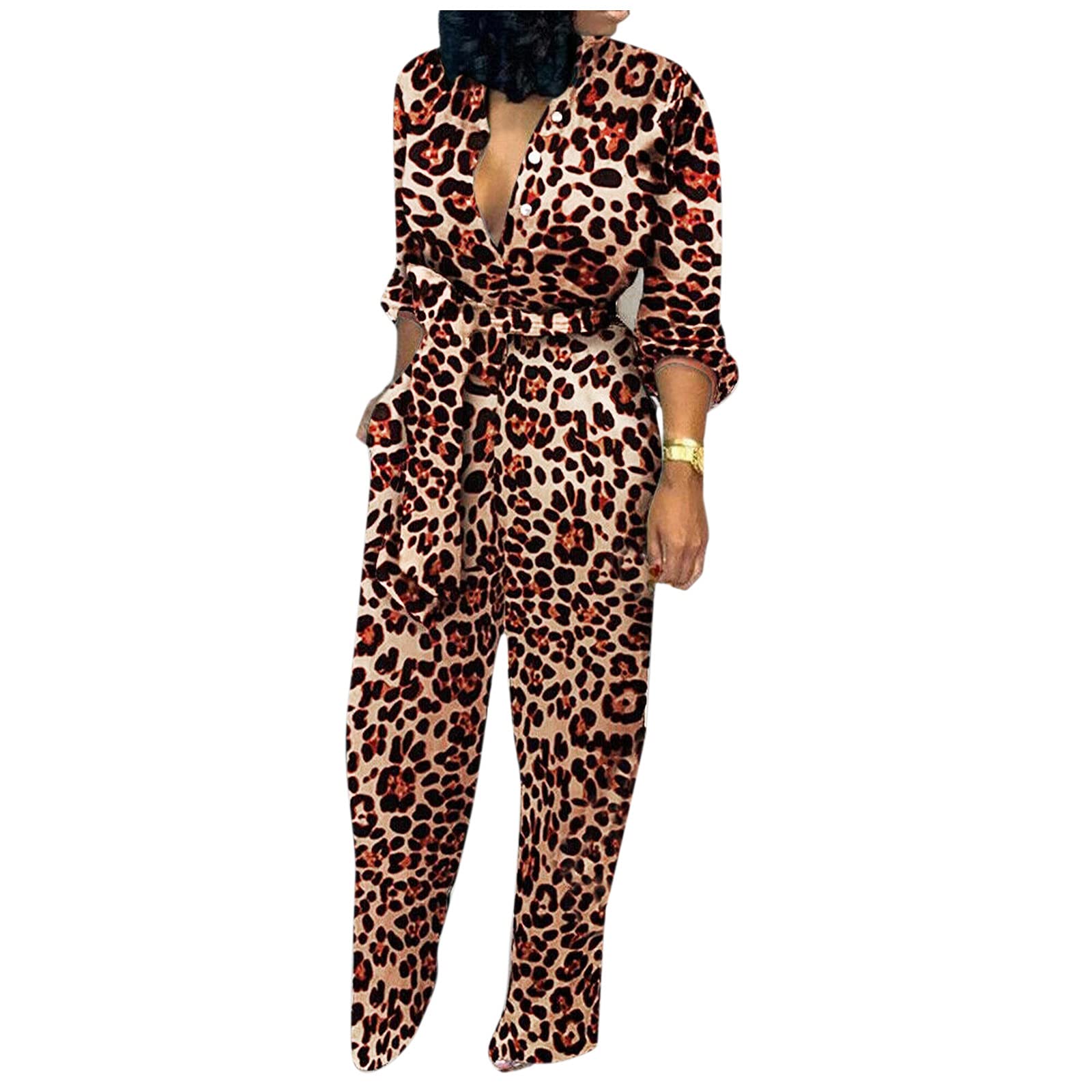 Women's Long Sleeve Button Front Pocket Print Romper Jumpsuit - Casual Ink Print Playsuit (Brown, Medium) | Perfect for Summer Outings, Beach Cover-ups & Casual Streetwear