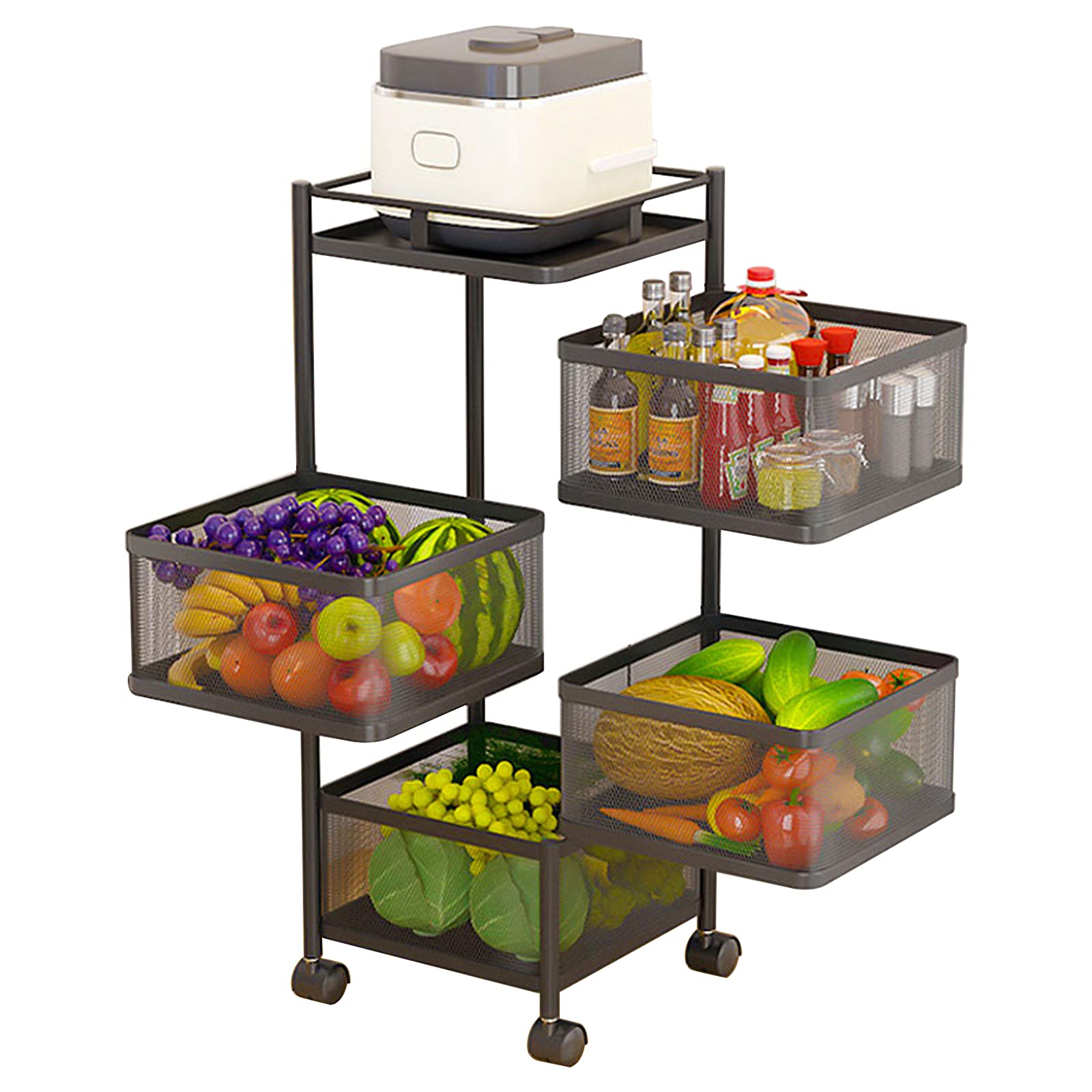 4 Tier Rotating Kitchen Storage Basket - 270° Swivel Organizer with Lockable Wheels for Fruits, Vegetables & Pantry Items | Space-Saving Utility Cart for Kitchen, Bathroom, Living Room & Office Organization