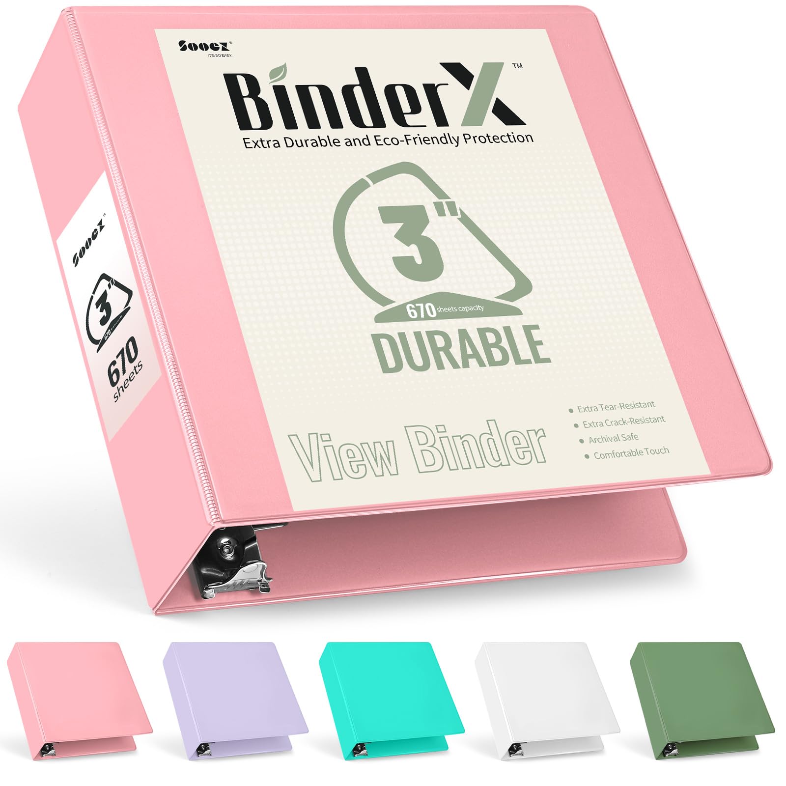 Sooez BinderX Extra Durable 3 Inch 3-Ring Binder with D-Ring - Holds 670 Sheets of 8.5x11 Paper, Customizable View Cover & Inside Pocket - Heavy Duty Large Binder for School, Office & Home Organization (Pink) - Perfect for Students, Teachers & Professionals