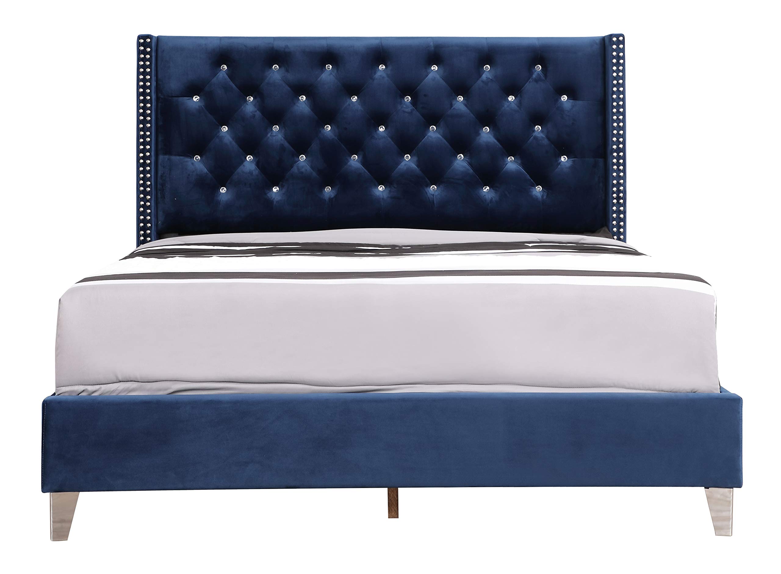 Glory Furniture Upholstered Queen Size Bed Frame - Navy Blue Fabric Headboard | Modern Bedroom Furniture for Master & Guest Rooms